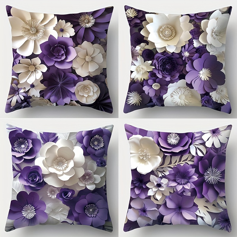 

Contemporary 4-piece Throw Pillow Covers Set, Purple & White Floral Print, Soft Polyester Fabric, Zipper Closure, Woven, Hand Wash - Decorative Pillow Cases For Living Room Couch