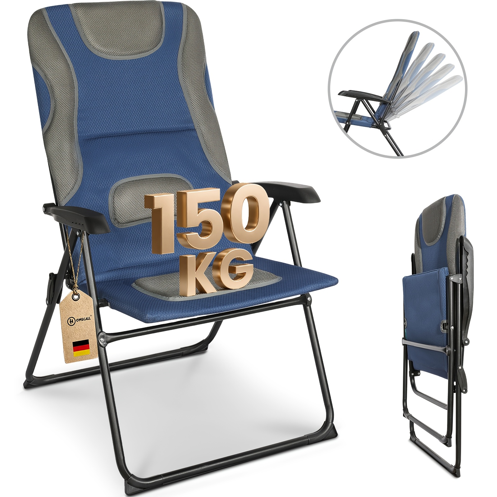 Homecall Garden Chair High-backed Camping Chair Folding Chairs Padded Folding Chair Balcony Chair With Adjustable Backrest For Camp Garden Balcony, Load 150kg