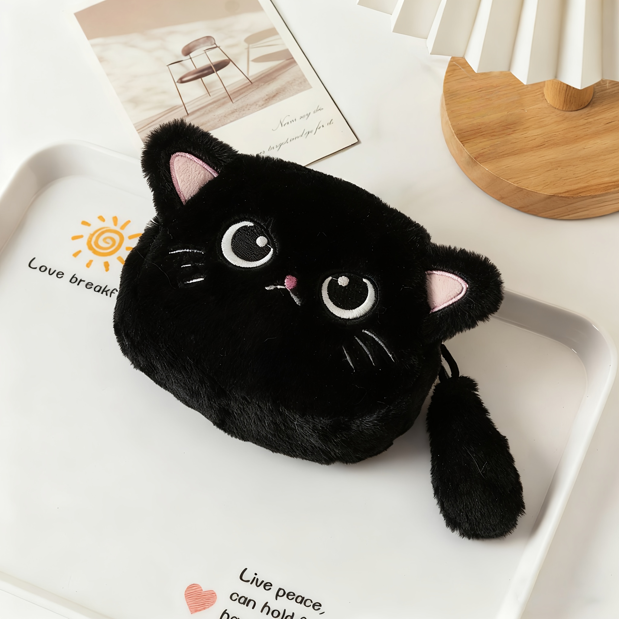E-shop 1 Stück Großvolumige Plüsch-Katzen-Geldbörse, Niedlicher Cartoon-Plüsch-Kätzchen-Schlüssel- Lippenstift-Organizer, Multifunktionale
