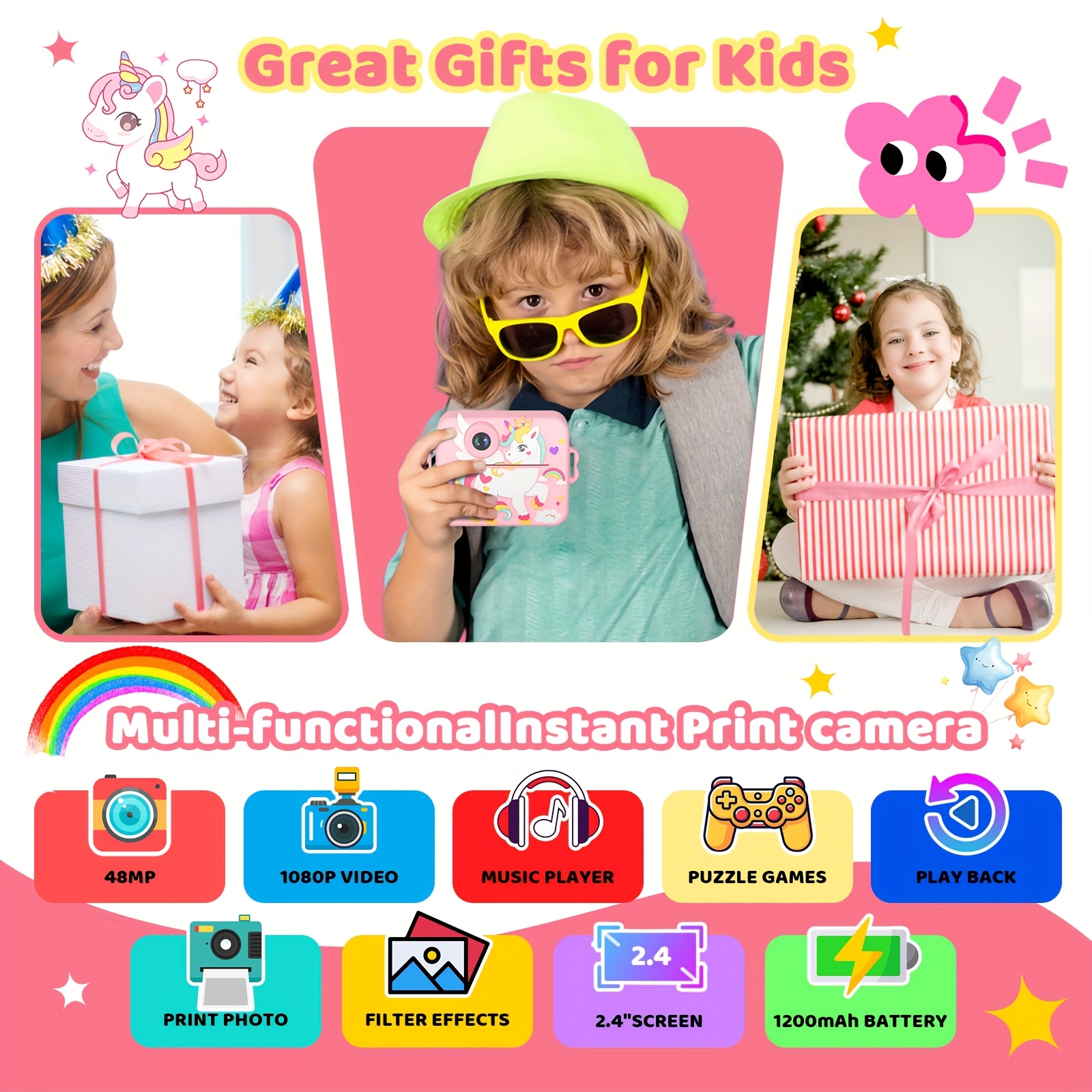Appareil Photo Instantané pour Enfants, Impression en 3 Secondes, Cadeaux de Noël et d'Anniversaire pour Garçons et Filles, Zoom 16X, Caméscope Numérique 1080P, Jouet Portable Parfait pour Enfants