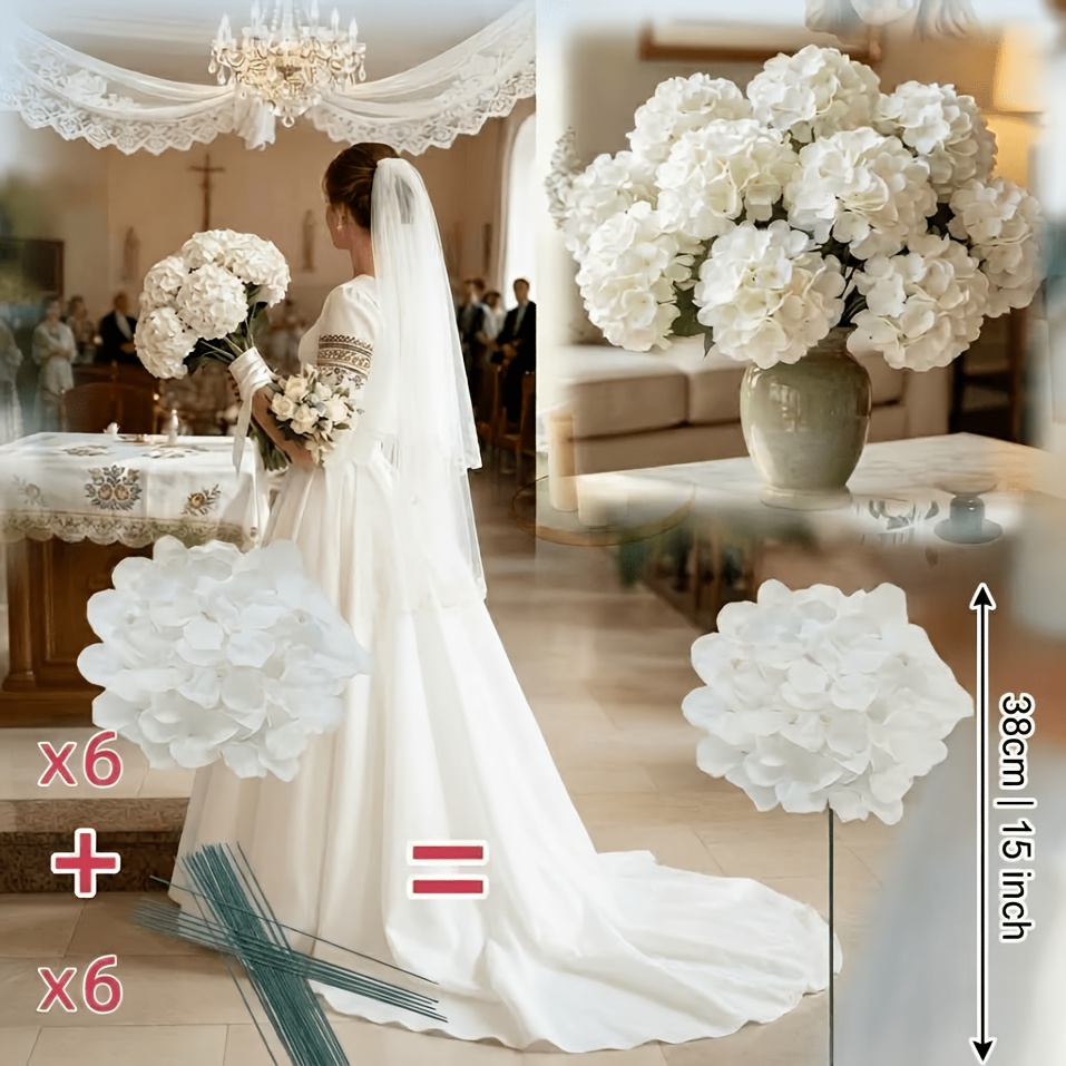 TEMU 12pcs Bouquet d'hortensias blancs artificiels de style nouveau premium / Comprend 6 têtes de fleurs et 6 tiges - Convient pour , , le jardin, la