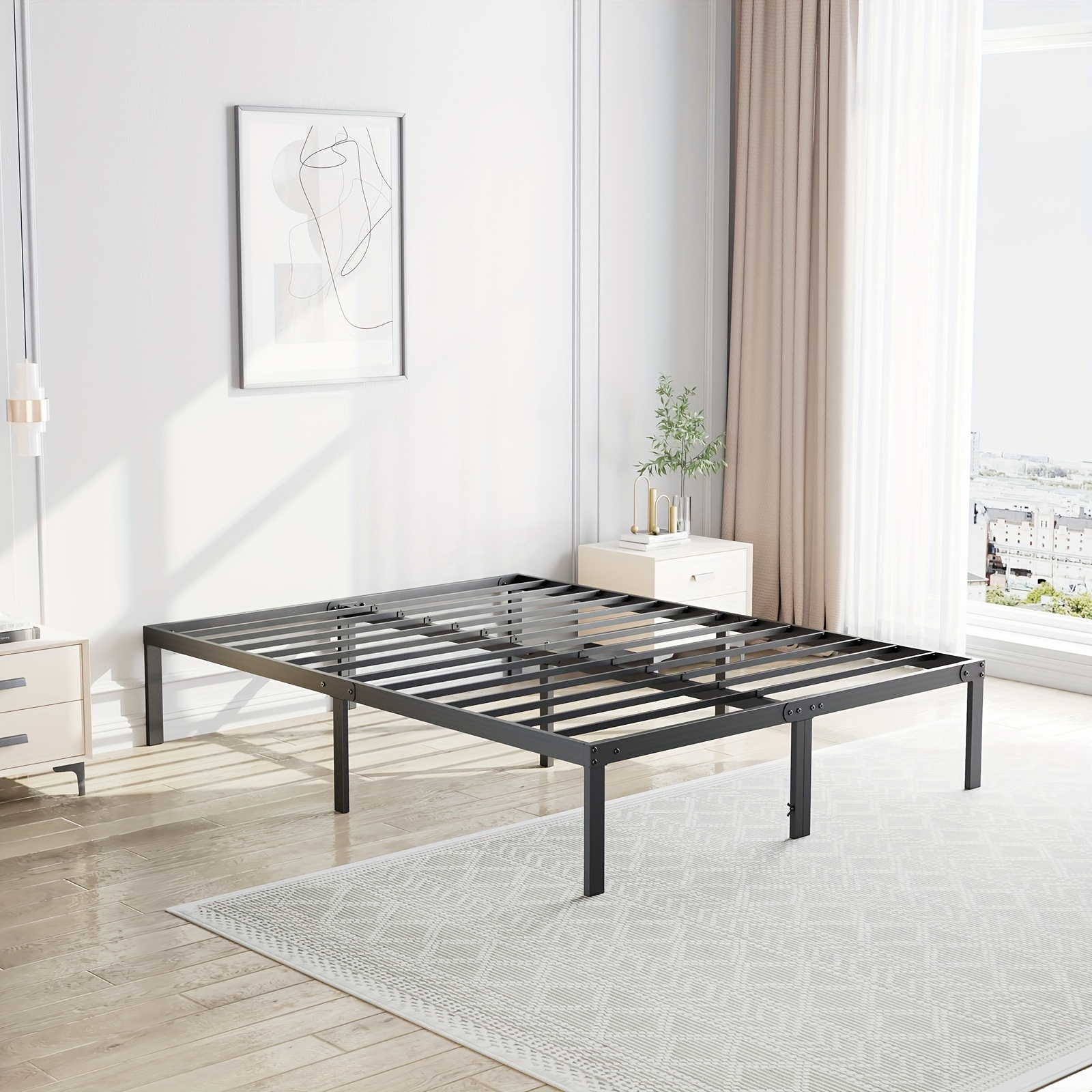 

Bed Frame - Queen Size Metal Platform, Mattress Foundation With Steel Slat Support, Easy Assembly Storage Space Under Frame