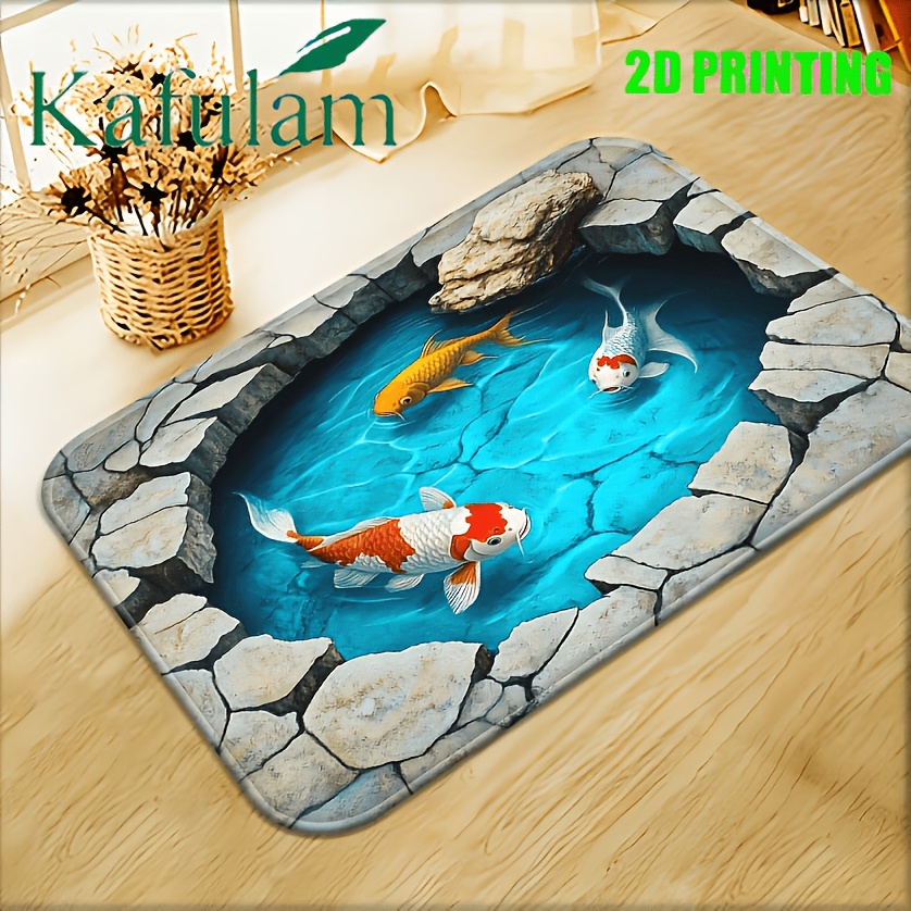 TEMU 1pc Alfombra de puerta 2D con diseño de peces Koi, material de felpa, alfombra de poliéster lavable a máquina, adecuada para baño, dormitorio,