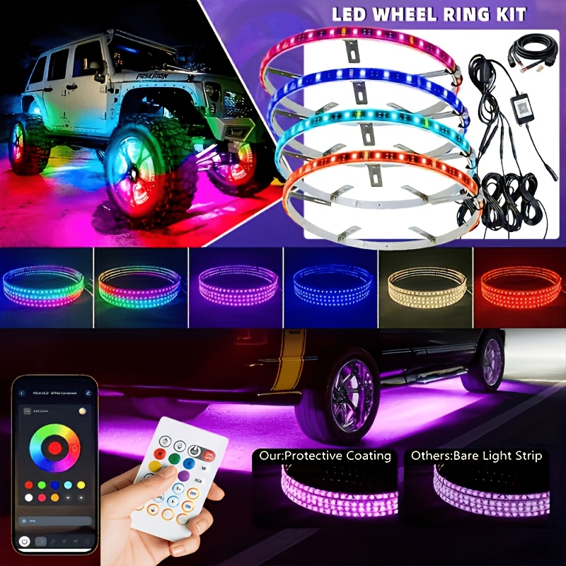 TEMU 4 Adjustable Rgb Led Wheel Lighting Kits With Turn Signal And Brake Function, Car Rim Lights, Wheel Lights With App And Remote Control, Car Rim