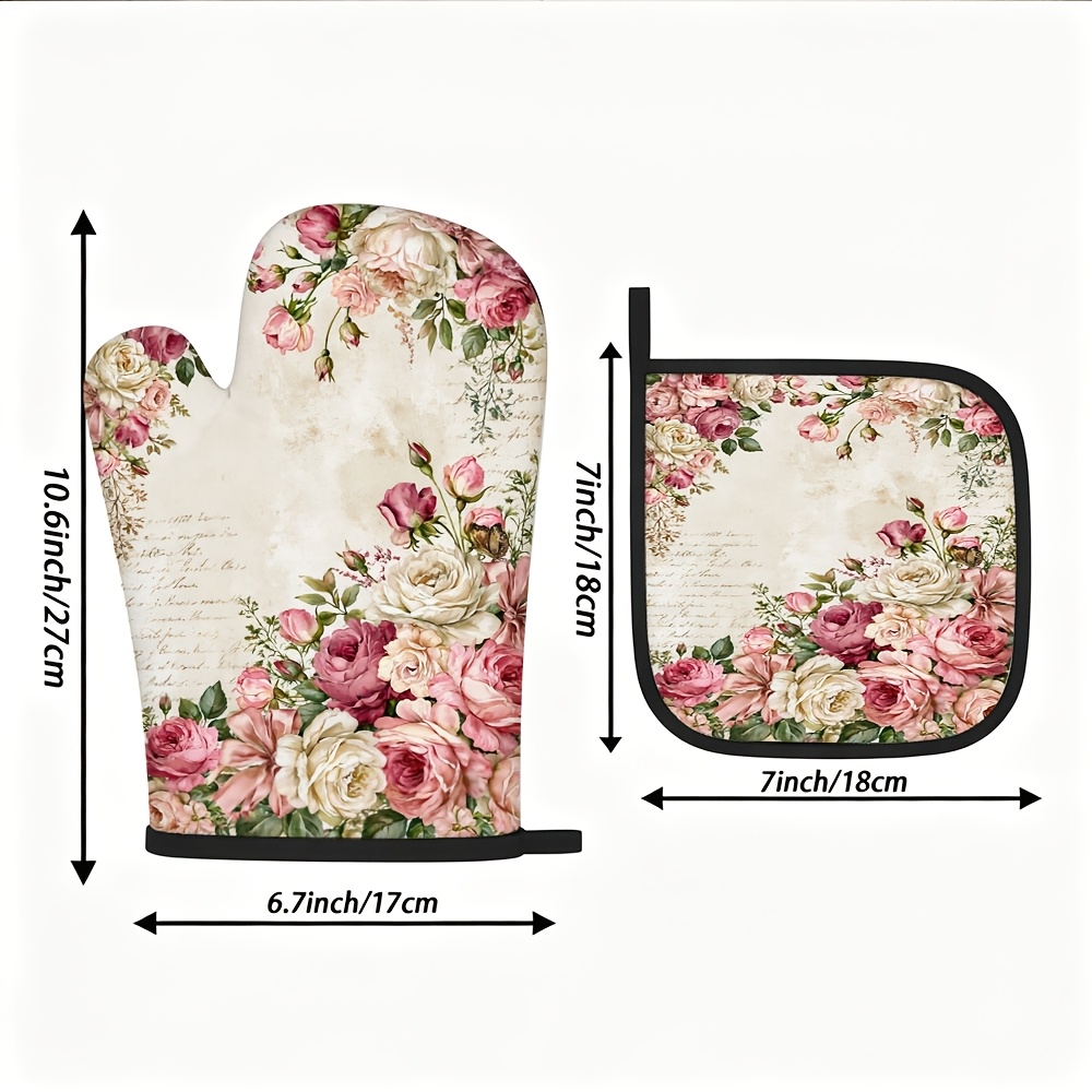 TEMU Floral Pattern Oven Mitt And Pot Holder Set, Style With Hooks For . Suitable For Baking, Cooking, Grilling, And Daily Kitchen Decoration.
