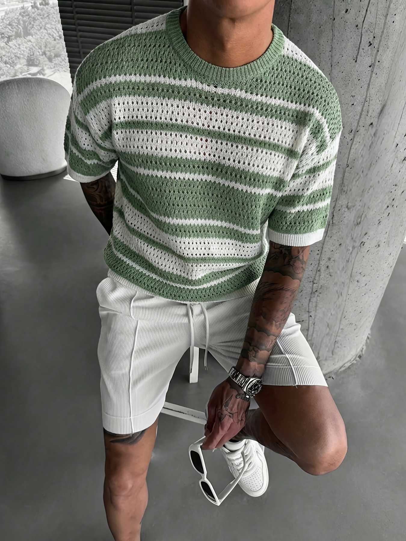 mens hollow semi transparent striped knit short sleeve pullover comfortable and breathable lightweight knit top suitable for casual wear and vacation wear