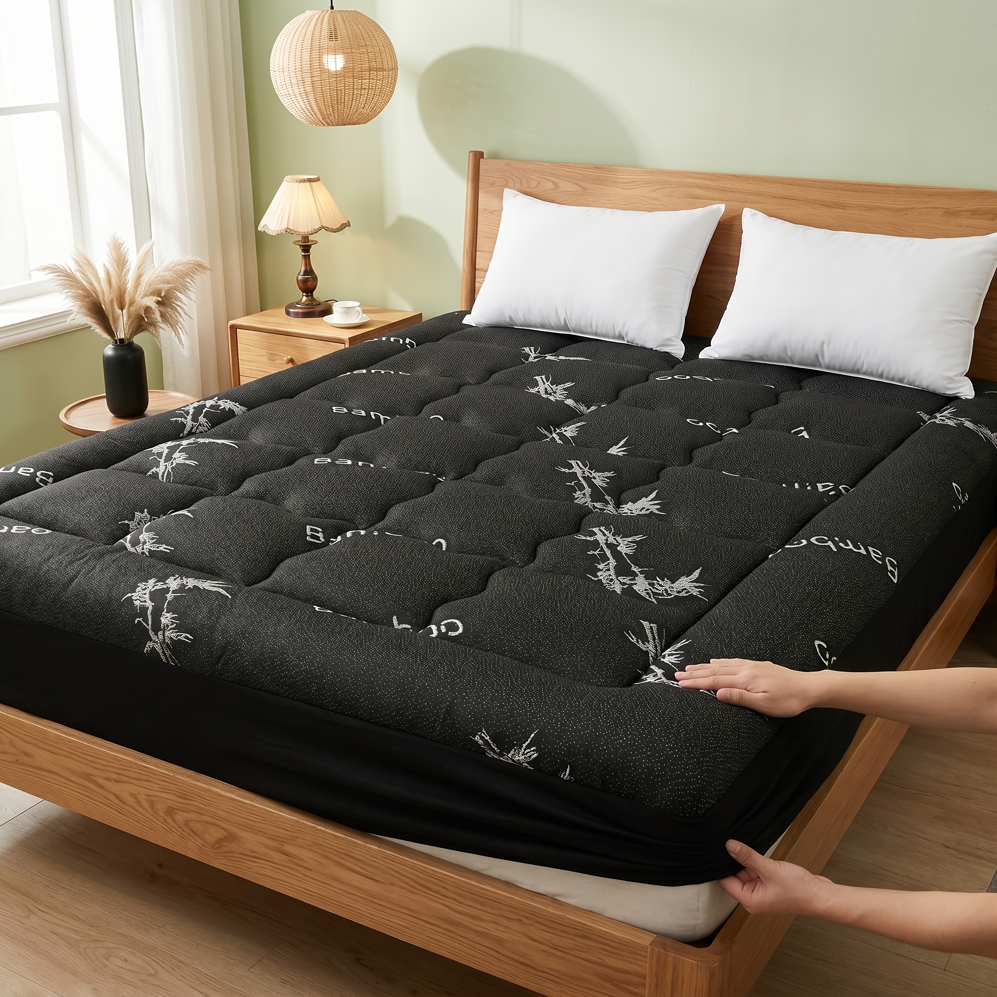 TEMU Premium Bamboo Fiber Cooling , Quilted Fitted Mattress Cover, Deep , Ultra Soft Pressure Relief Breathable, Silent Machine Washable, Summer