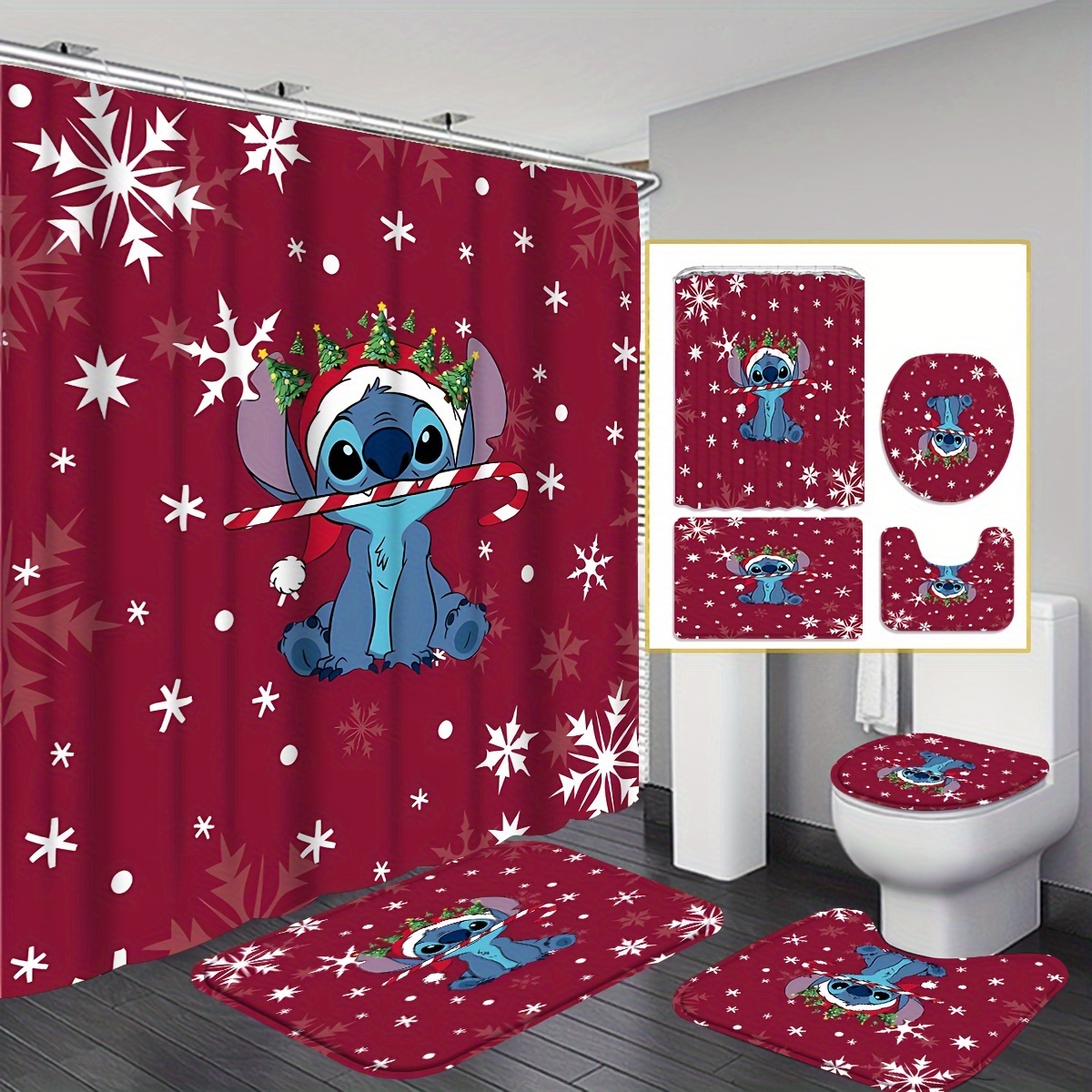 

1/4pcs Snowflake Stitch Pattern Shower Curtain Set With Hooks, Waterproof Shower Curtain, Toilet Cover Mat, Non-slip Bathroom Rug, Water Absorbent Bath Mat, Bathroom Accessories, Home Decor