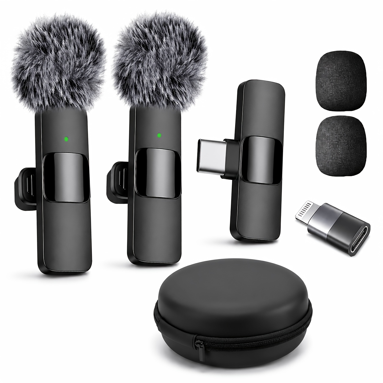 TEMU Wireless Lavalier Microphone Set, Including 2 Microphones, 1 Receiver, 1 Storage Box, 2 Windshields, 1 Iphone Adapter, Compatible With Type-c,