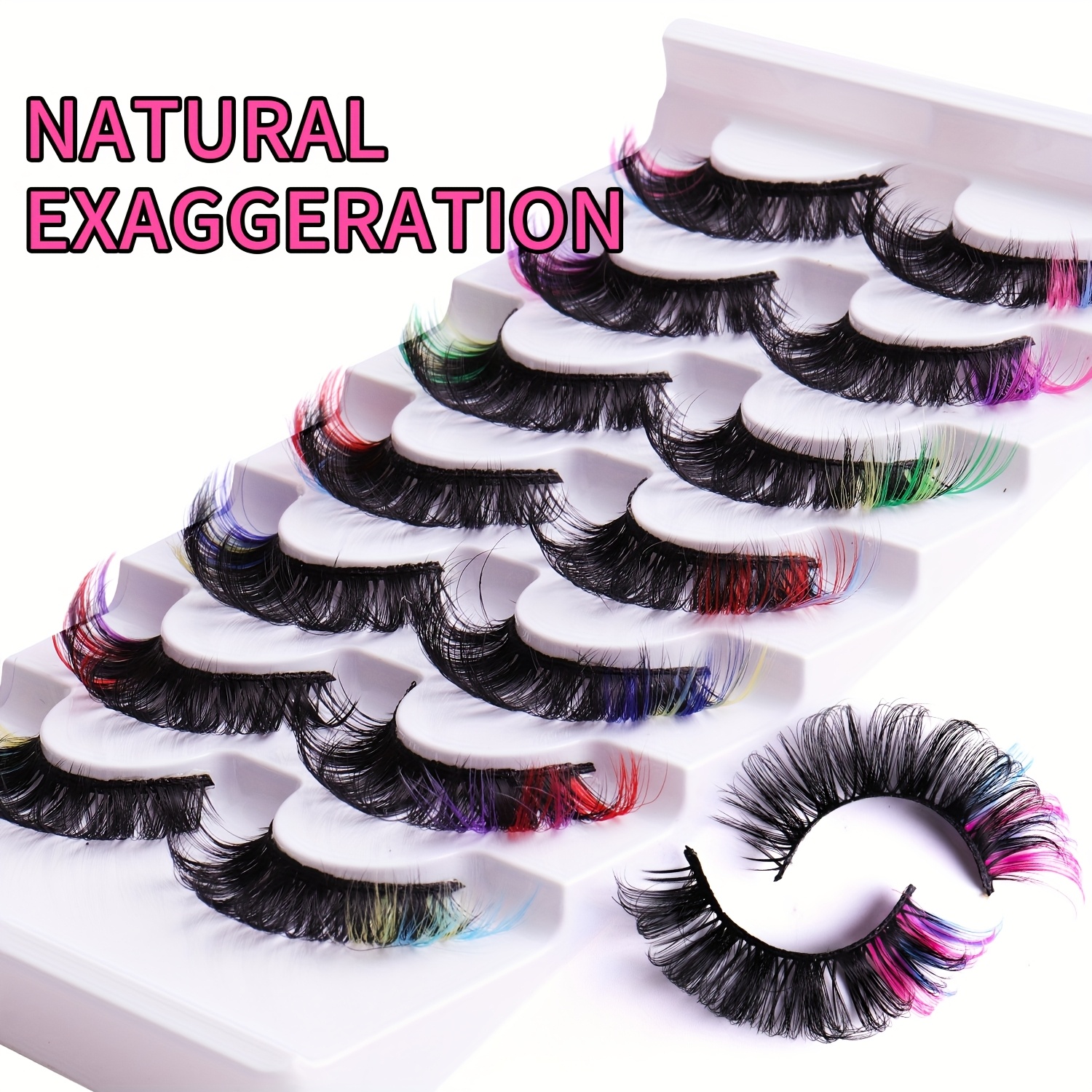 Image of 7 Pairs Colorful Cat Eye False Eyelashes - Luxurious Doll Style, High Quality & Durable, (black, Red, Pink, Purple, Green, Blue), 10-18mm Lengths, Stage, Cosplay & -rainbow