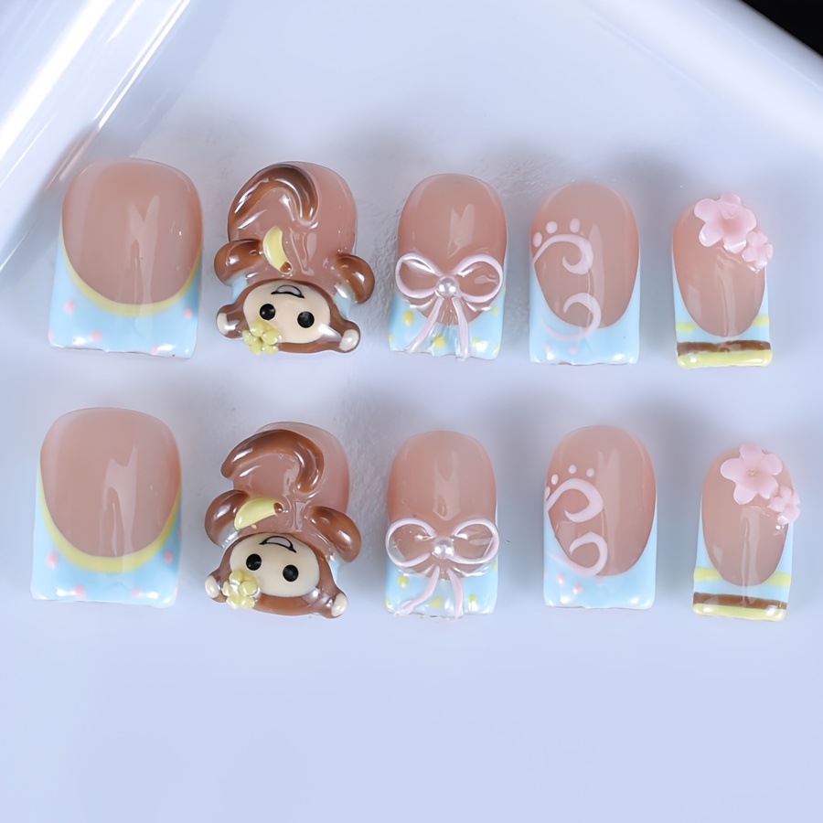 TEMU Handmade Press On Nails 10pcs Short Square False Nails Nude French Tip Hand Carved Cartoon And Flower Decor Hand Drawn Swirl Pattern Reusable
