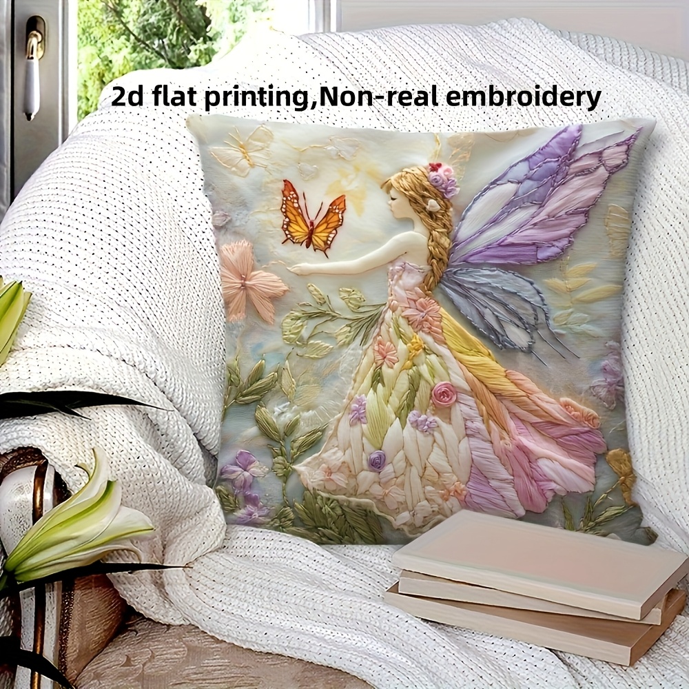 TEMU 1pc, Vintage Fairy And Floral Pillowcase, Faux Embroidery, 18*18 Inches, Machine Washable Polyester Cover With Zipper, Suitable For Sofa, Living