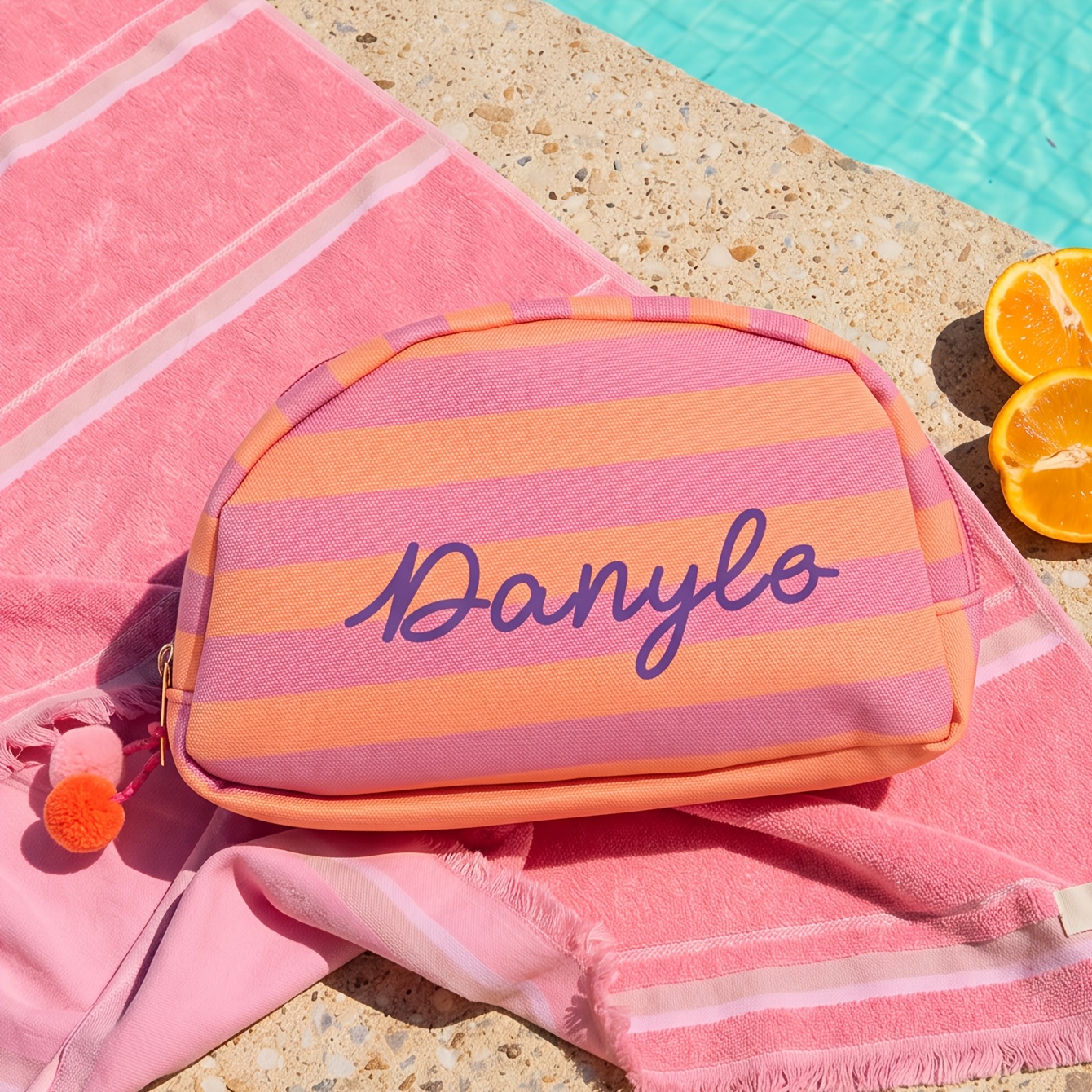 TEMU Trousse de maquillage personnalisée avec nom/ - Pochette à cosmétiques à rayures et de couleur de style preppy personnalisé avec étiquette
