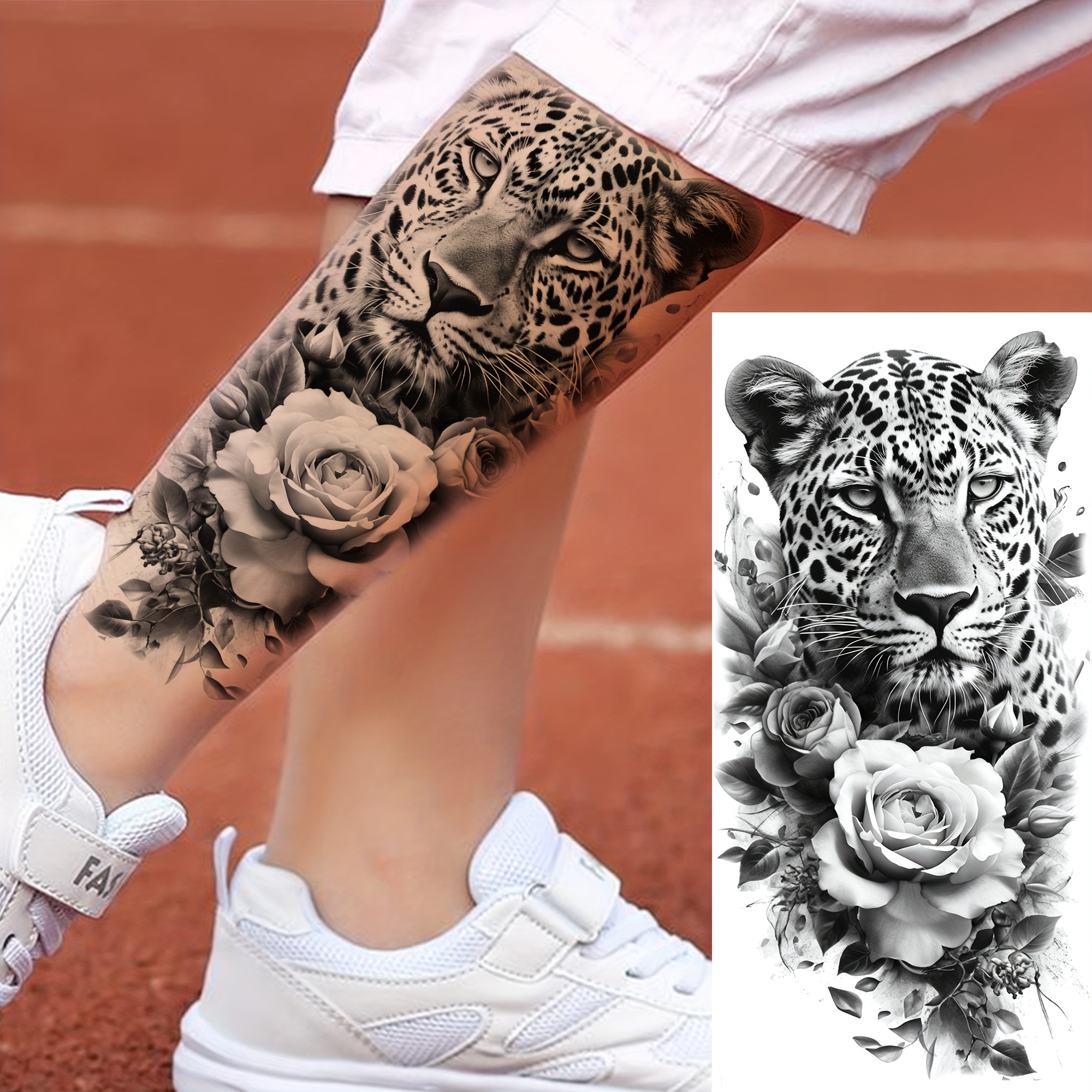 1 Sheet Leopard Rose Flower Temporary Tattoos For Women Men Adults Half Sleeve Arm Forearm Shank Thigh Legs, Temp Fake Tattoo Long Lasting Waterproof Stickers Realistic