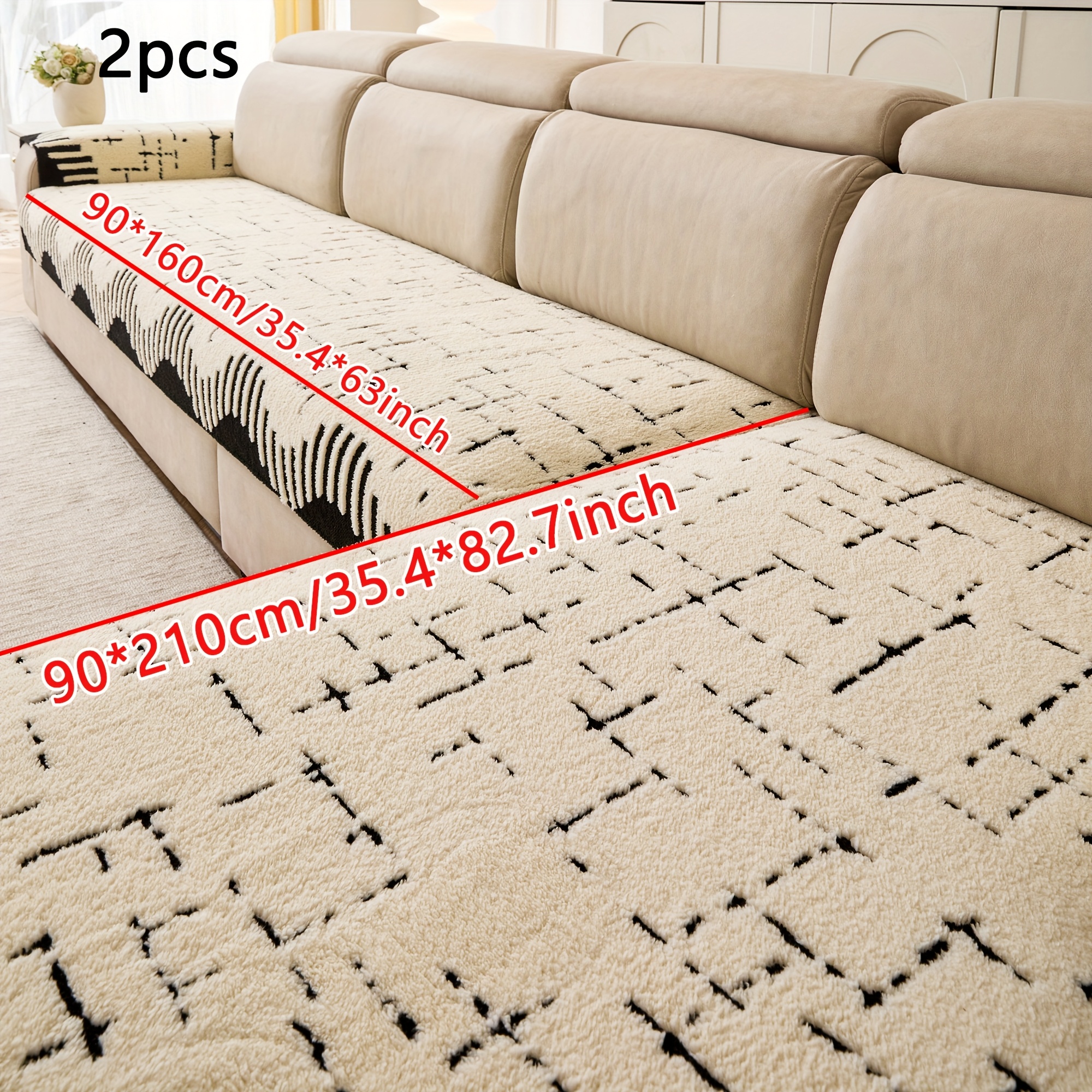 TEMU 2pcs Of Bohemian Style Suede Thickened Sofa Covers, Ruffle Design, Machine Washable And Non-slip, Suitable For Three- And Four-seater Sofas And
