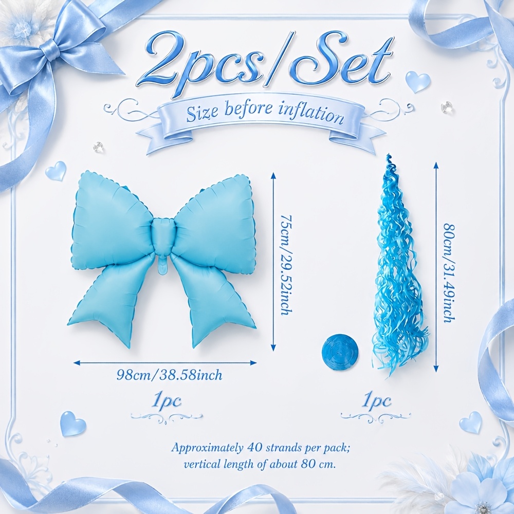 TEMU 2pcs With Tassel Pull-string Blue Aluminum Foil Balloons, Suitable For Fresh & Simple / Ocean-themed Parties, Bow-themed Parties, Proposals,
