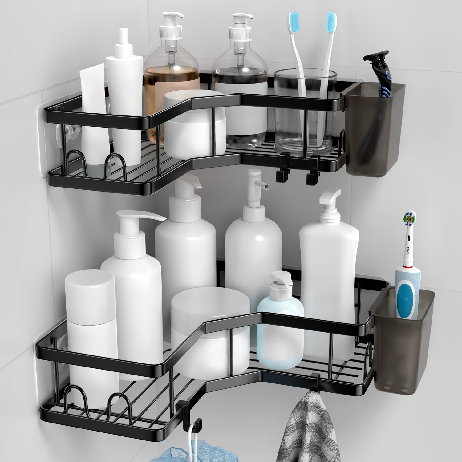 Corner Shower Caddy, 2 Pack Adhesive Shower Corner Organizer Shelves, No Drilling Stainless Steel Shower Storage Rack With Hooks&toothpaste Holder For Bathroom, Dorm And Kitchen, Shower Caddies