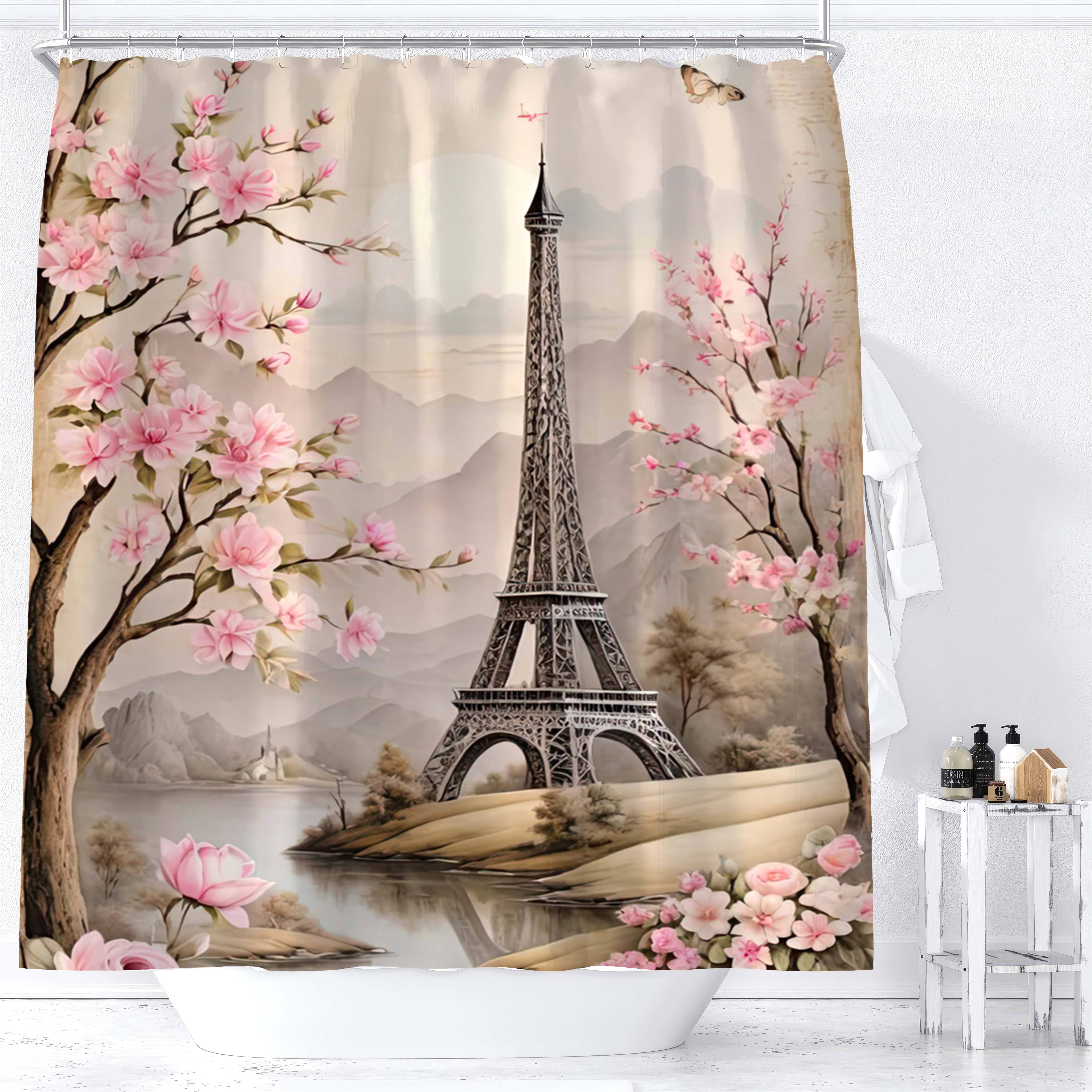 

1pc Eiffel Tower Shower Curtain, Romantic Paris Scenery With Bloom Cherry Trees, Digital Print Bathroom Decor, Waterproof Fabric, For Home And Hotels