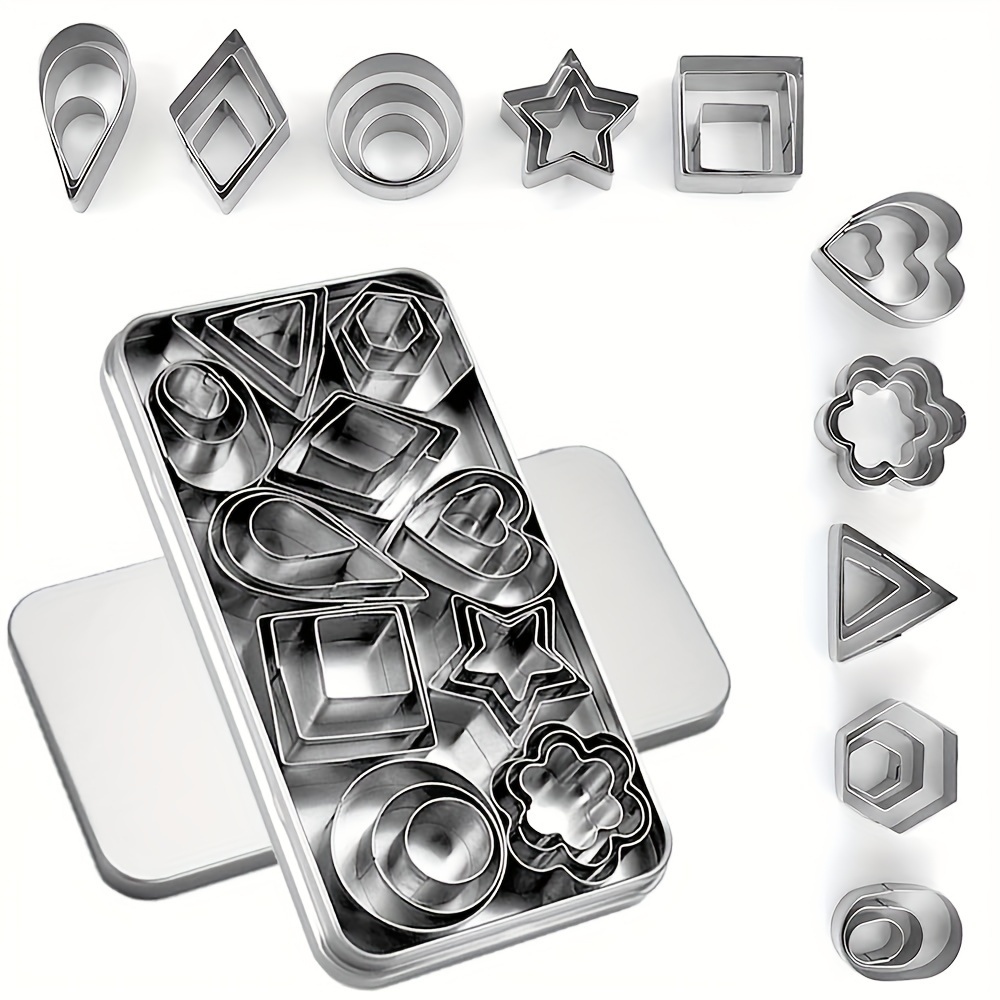 

30-piece Mini Cookie Cutters Set With Storage Tin, Stainless Steel Vegetable Shape Cutters, Polymer Clay Shape Tools, Geometric Fondant Cutter, Small Fruit Shapes Cut-outs For Baking And Crafting
