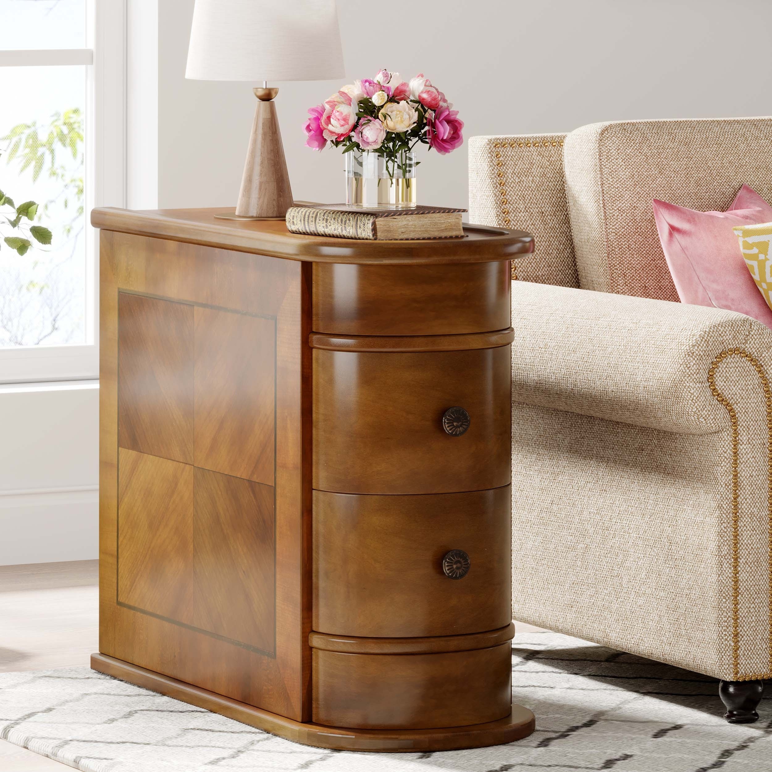 Compact 2-Drawer Wood End Table - Fully Assembled, Sturdy Finished Back Design with Spacious Storage, Ideal for Small Spaces And Chairside Use with Mid-Century Modern Style And Durable Hardwood Material