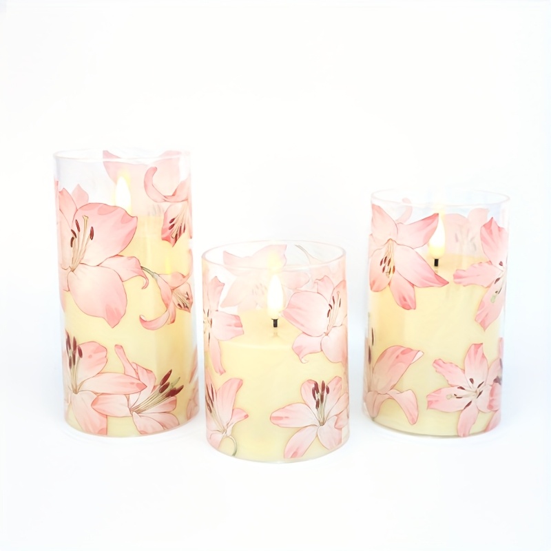 3pcs flameless led candles with pink   battery operated with timer remote control   indoor outdoor use valentine s day weddings and home decor indoor lighting decor floral pattern candles warm glowing light