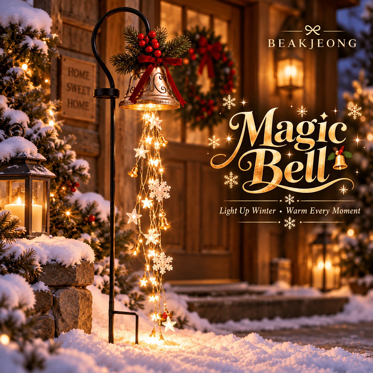 Solar Lights Outdoor, Christmas Bell Garden Stake Lights with Warm White Fairy Lights, IP65 Snowflakes, Stars & Jingle Bells, Lighted Christmas Decorations for Yard, Lawn, Pathway, Porch, Garden, Christmas Gifts