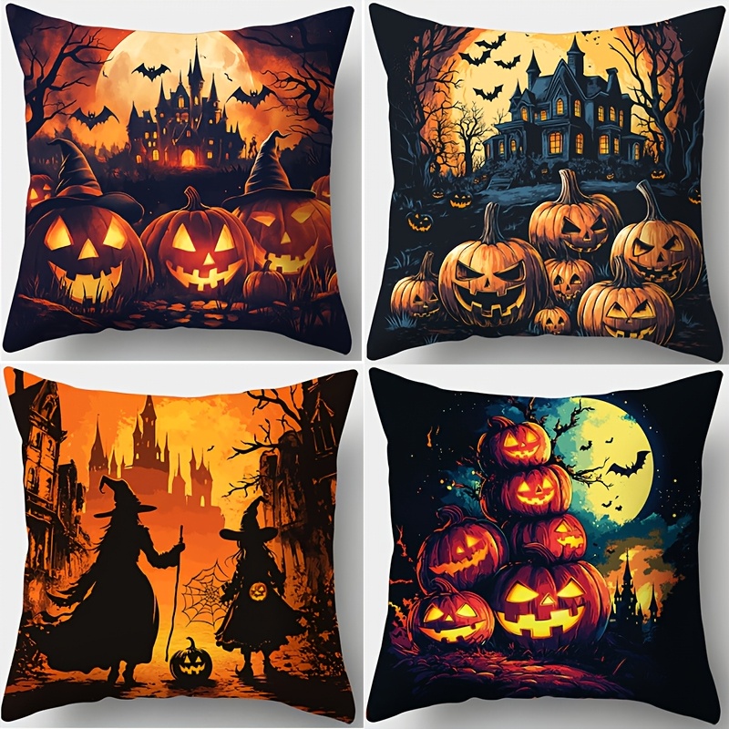 TEMU 4pcs, Halloween Theme, Printed With Castle And Pumpkin Patterns, Warm And Comfortable, Beautiful And Practical, 17.72 Inches * 17.72 Inches,