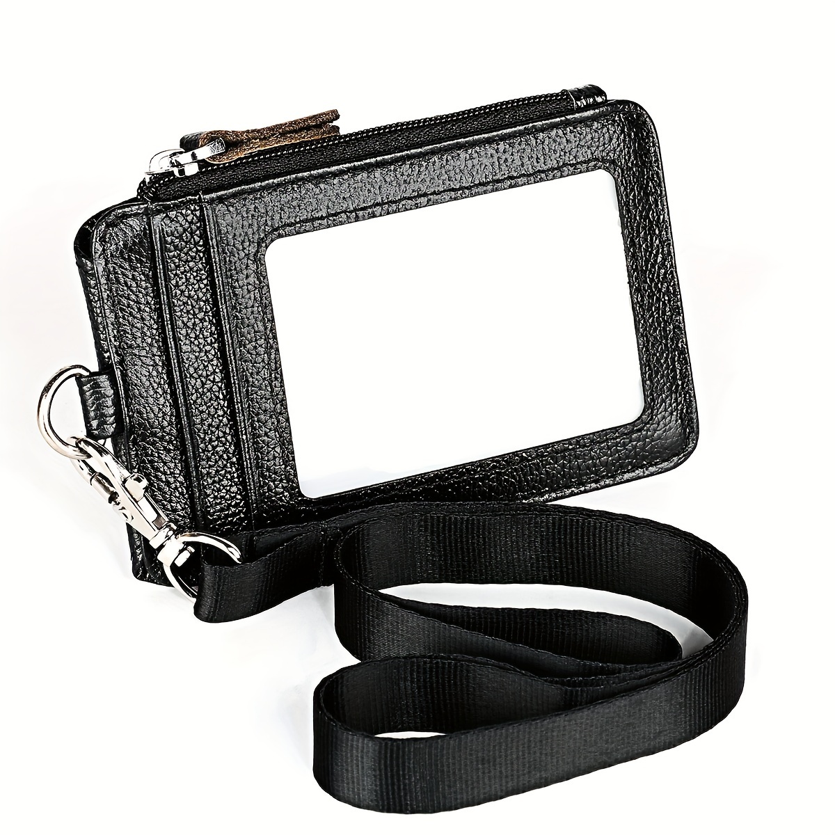 

1pc Men's Double Sided Vertical Id Card Holder, With Detachable Neck Strap, Slim Top Layer Cowhide Credit Card Wallet With 1 Id Window, 4 Card Slots, 1 Side Zipper Pocket And Detachable Lanyard