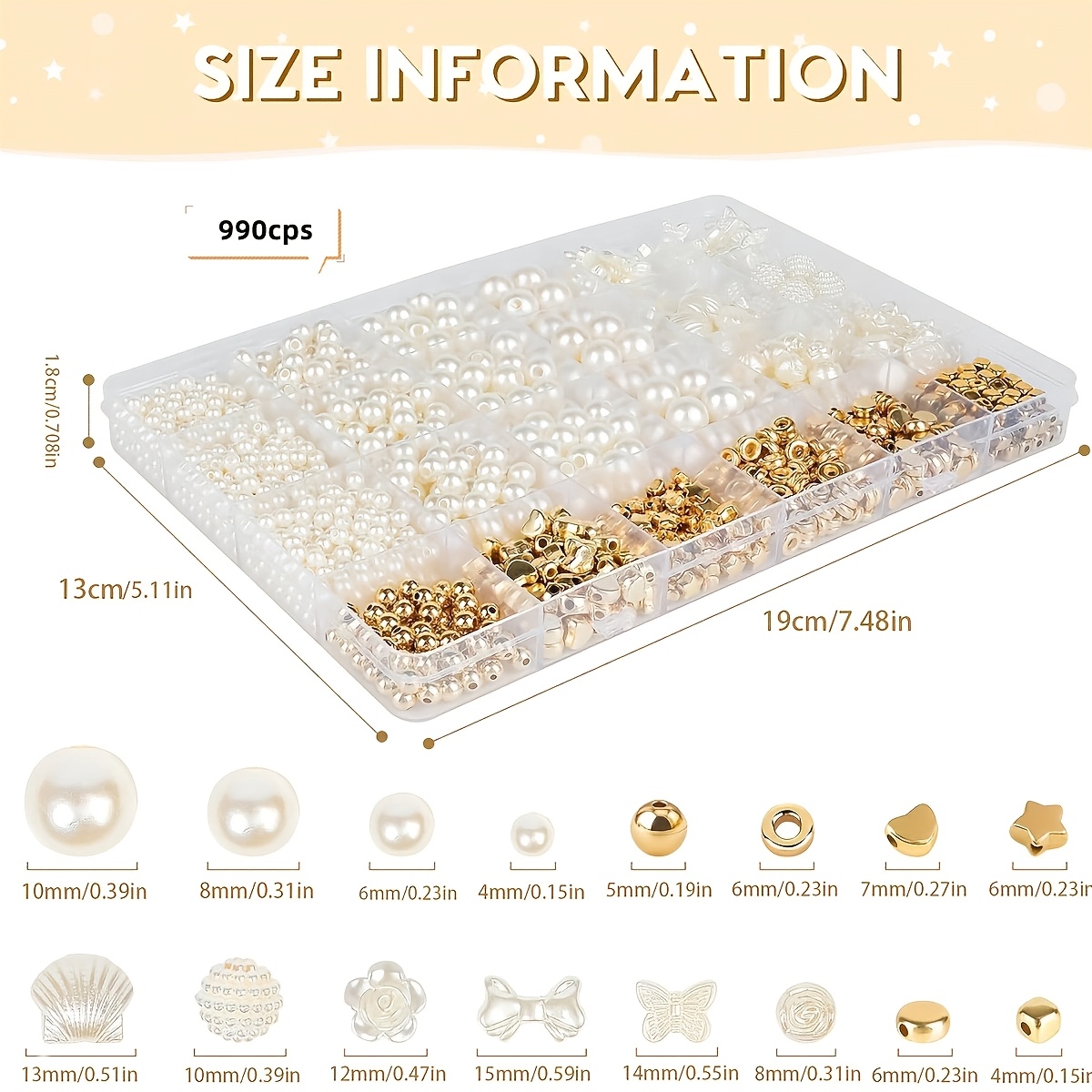 Image of Set Of 990 White Mixed Acrylic Pearl Polished Loose Beads, Perfect For Projects Like Bracelets, Necklaces, And Earrings