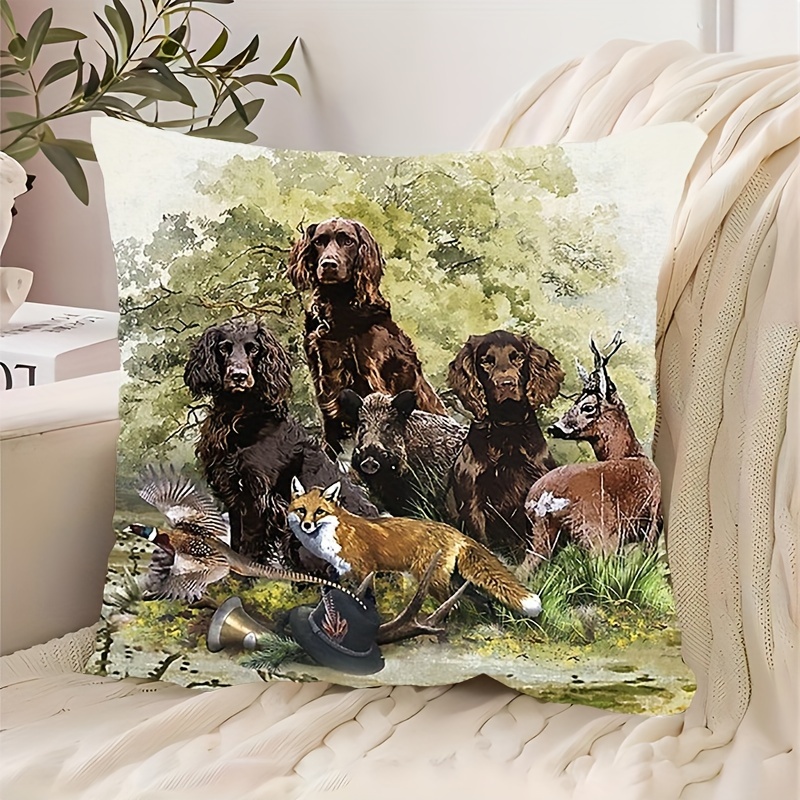 

1pc Contemporary Short Plush 18x18 Inch Throw Pillow Cover With German Spaniels & Woodland Animals Design, Machine Washable, Zipper Closure For Decor - Polyester (pillow Insert Not Included)