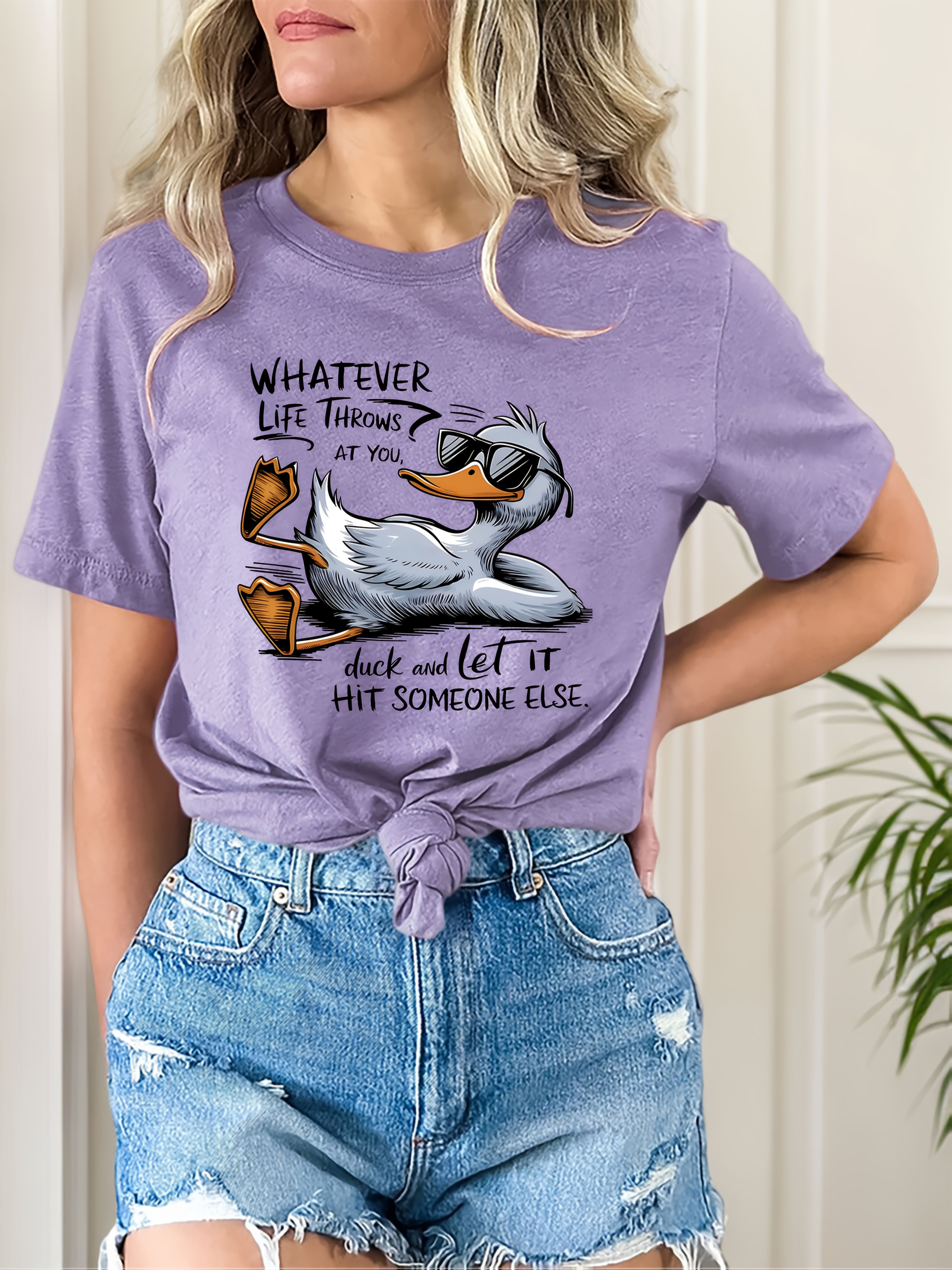 womens olive green casual t shirt with cute duck graphic humorous quote soft breathable fabric relaxed fit round neck short sleeve top for casual attire machine washable ladies t shirts Product details 0