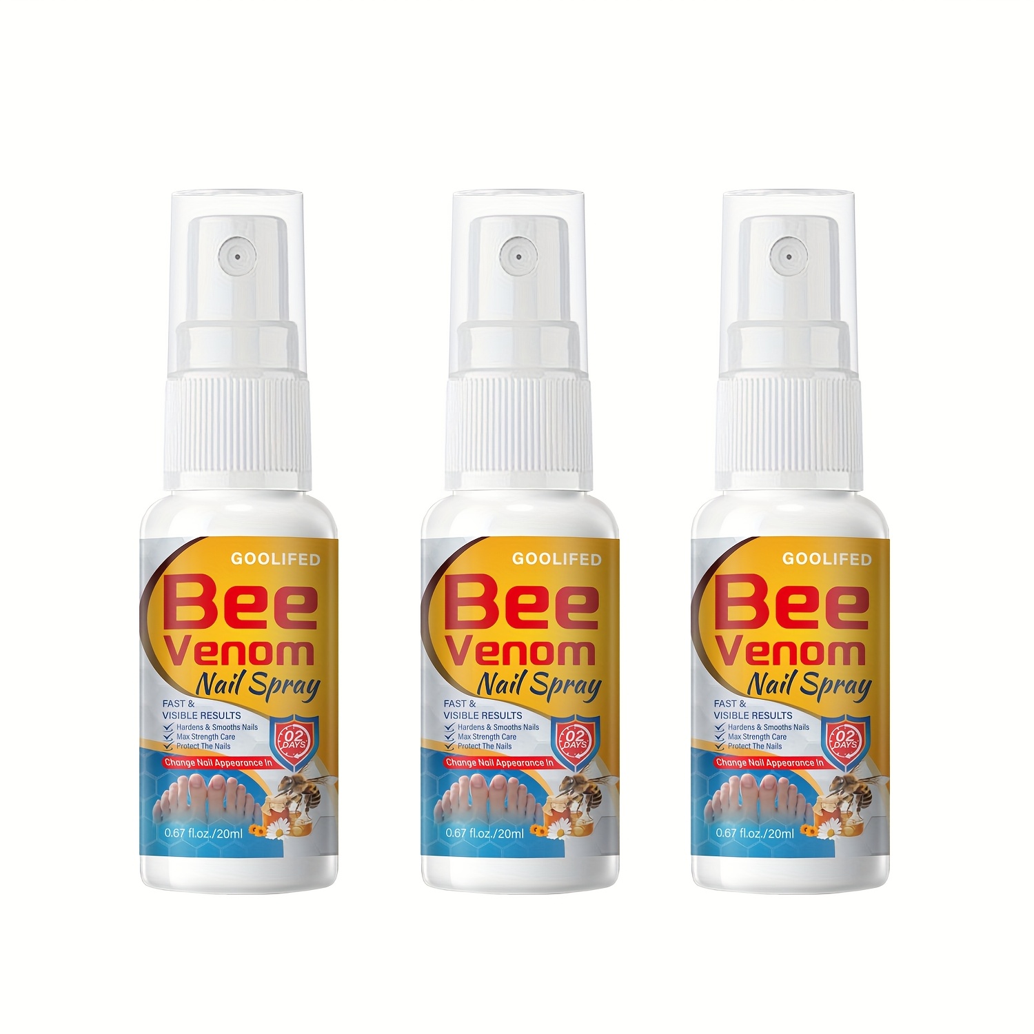 Image of 3pcs Bee Venom Nail Spray, Toenail And Fingernail Care Serum - Fast-acting Formula For Fragile Rough Fingers And Toes Nails - Results In Days, Alcohol-free, Gentle Safe, For All Nail Types