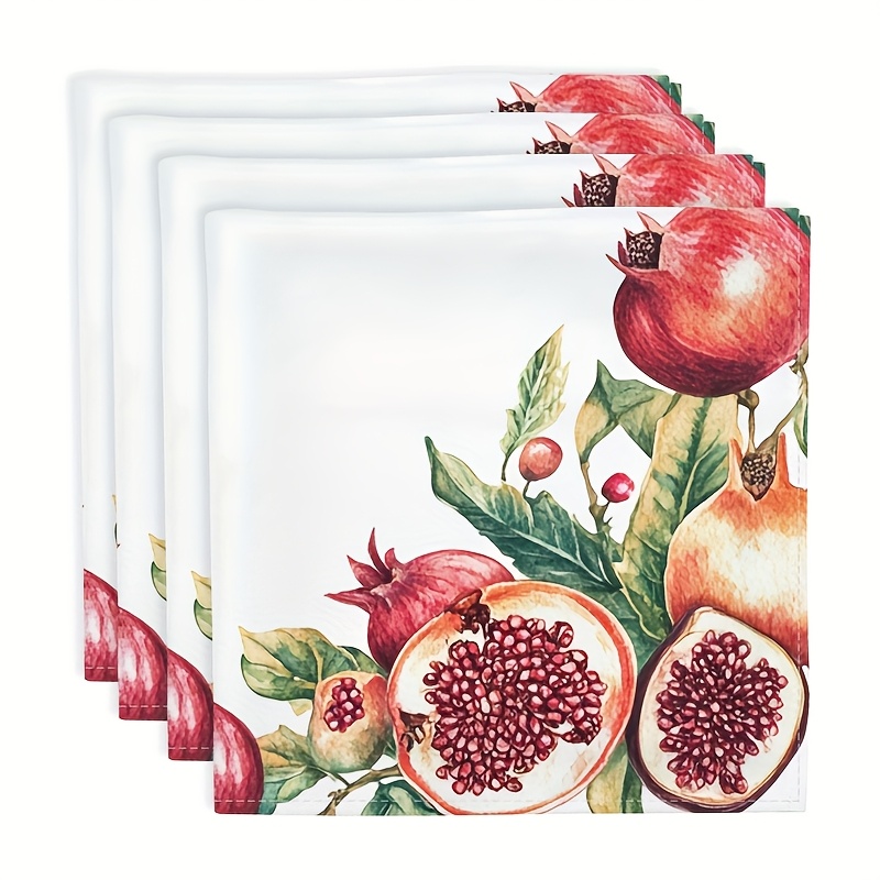 TEMU 4pcs Pomegranate Floral Cloth Napkins - Soft, Absorbent, Reusable Dinner Napkins With Vibrant Pomegranate & Botanical Design For Everyday &