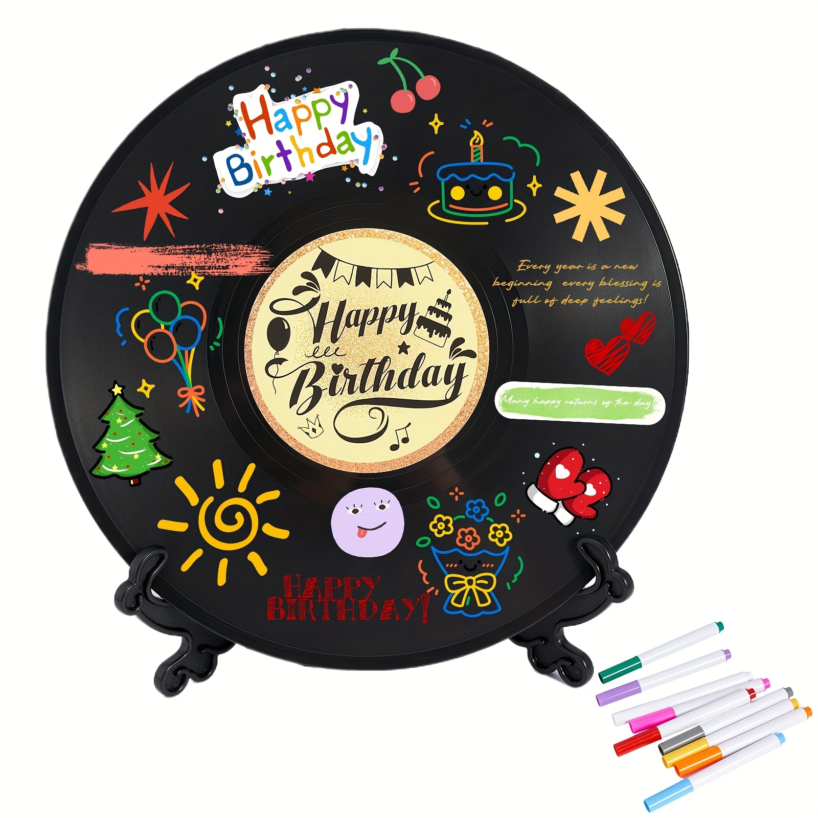 TEMU A Unique Birthday Vinyl Record Guest Book Set That Includes A Support Stand And Colorful Pens, Featuring A Sign Poster, Perfect As A Birthday