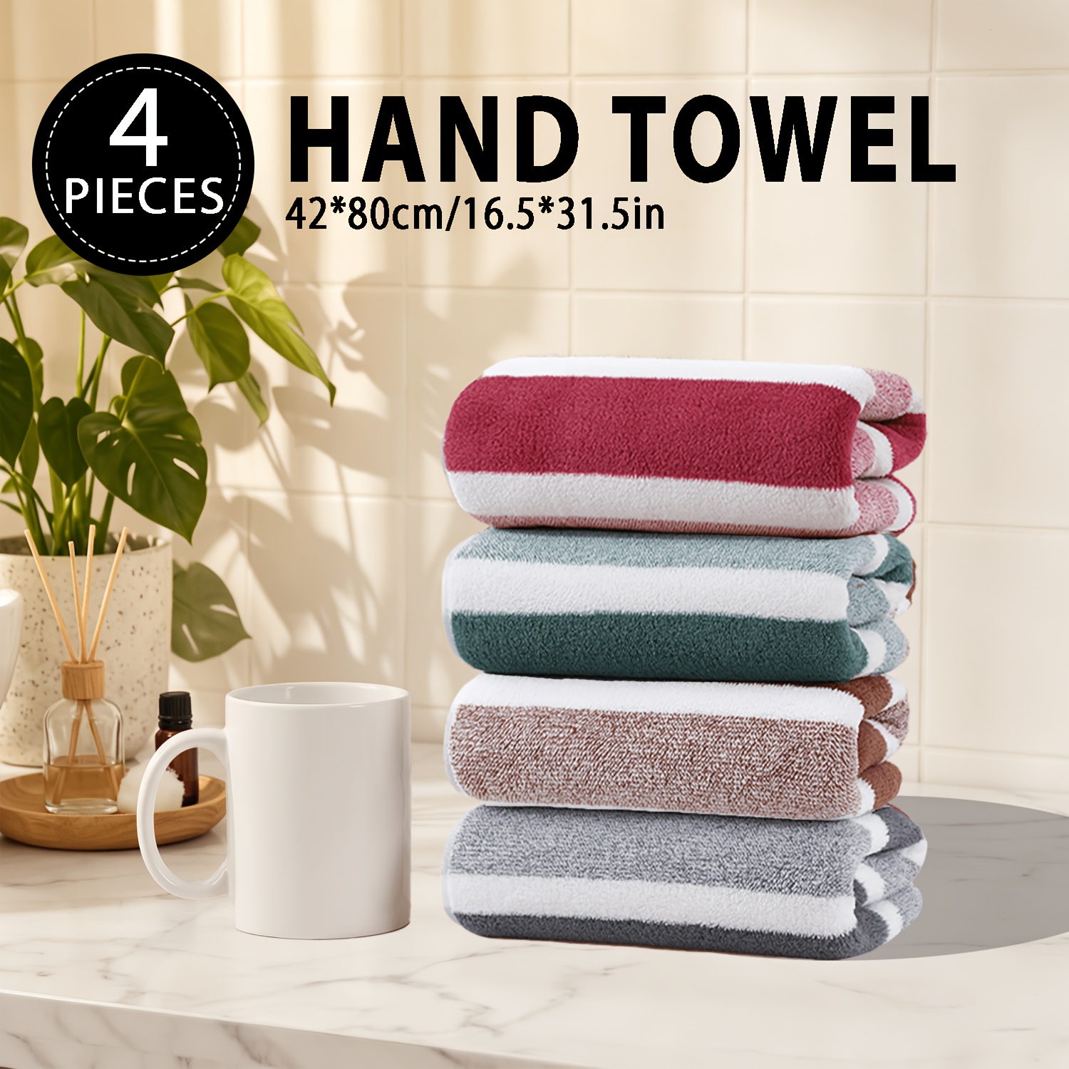 TEMU 4pcs Bathroom Hand Towels, Large Size 40 X 80cm/15.7 X 31.5in, Thickened Stripe Coral Velvet Towels, Microfiber, Multiple Colors, Absorbent,