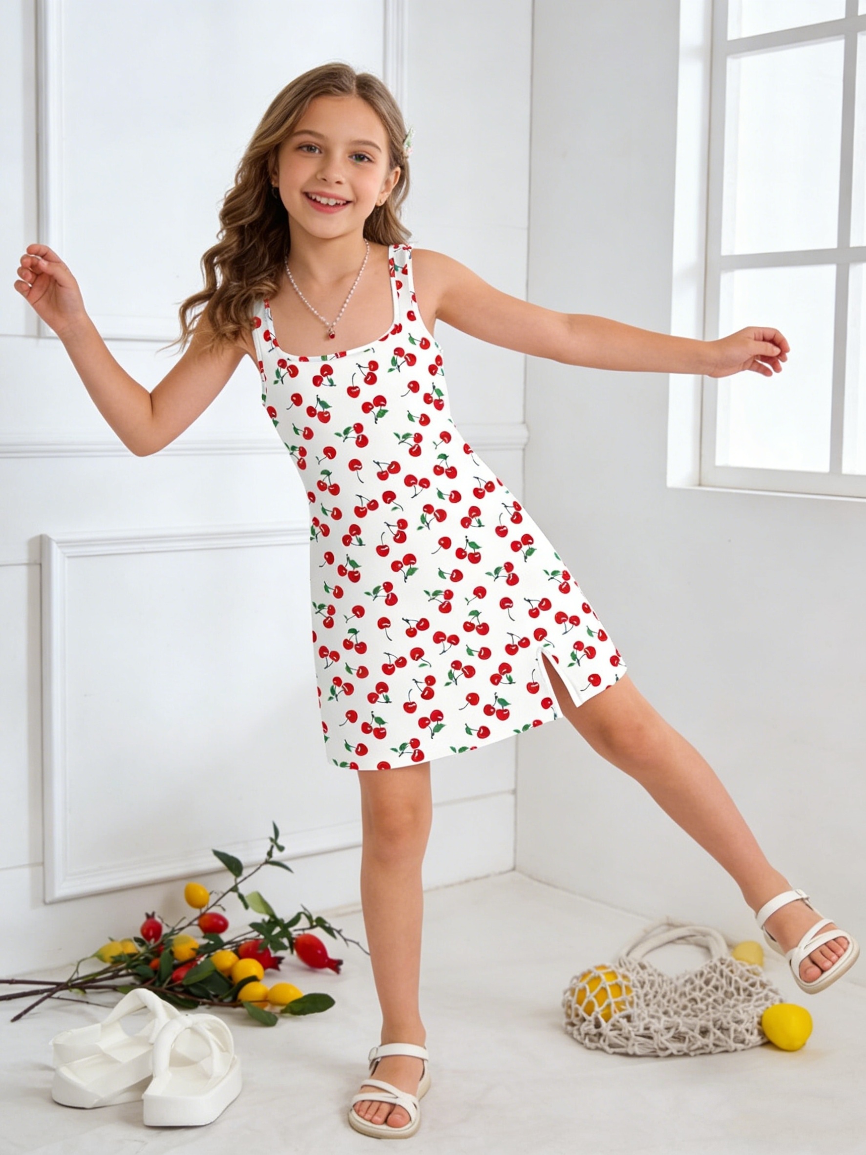 girls teen cherry print camisole dress square - Temu Bahrain