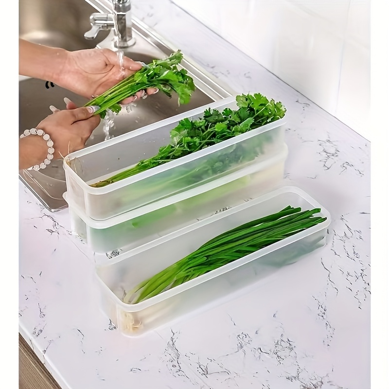 2/6pcs Long PP Plastic Vegetable Storage Containers - Durable Airtight Kitchen Organizer for Cilantro, Green Onions, Mint & More - Refrigerator Replacement Bins, Appliance-Friendly Food Savers