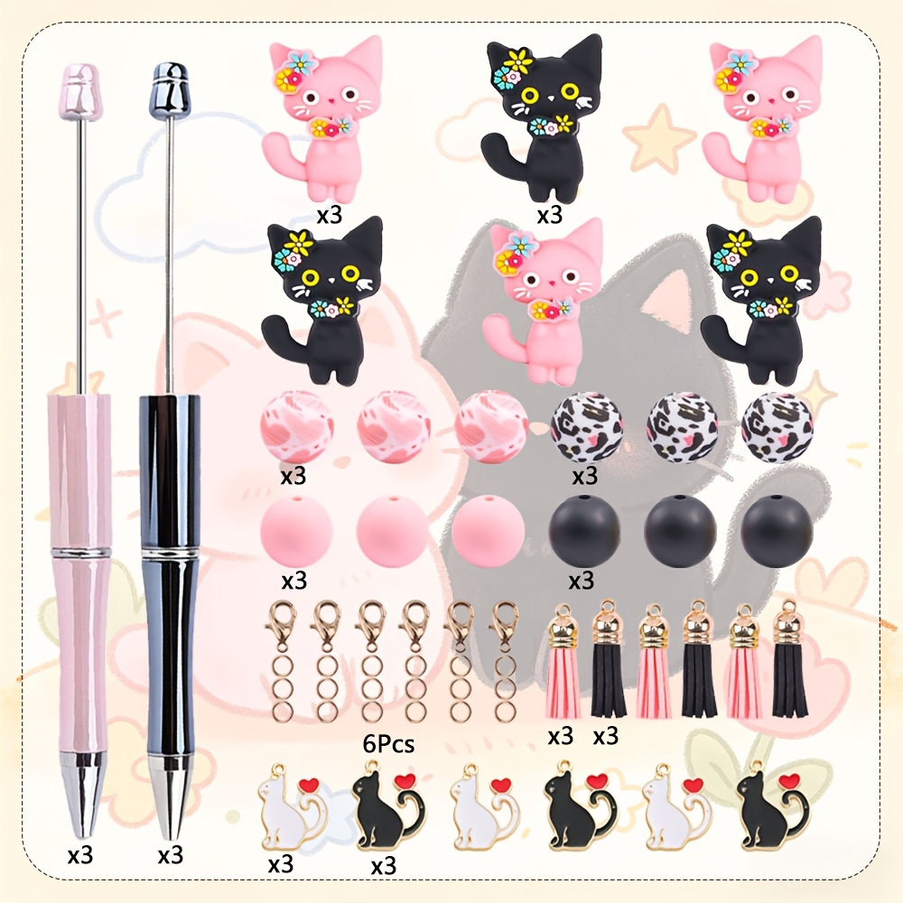 6sets Novelty Cat Topper Ballpoint Pen, Adorable Black/ Beaded Pen With Charm Pendant, Fashionable Pen For Daily…: retailer-supplied image