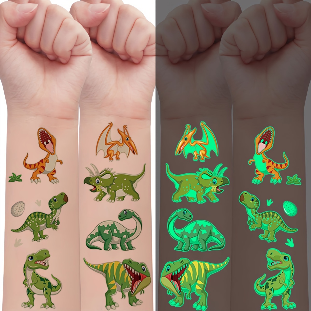 

10 Sheets Glow-in-the-dark Dinosaur & Animal Temporary Tattoos - 120 Pieces - Waterproof Fake Stickers - Fun Art Designs - Gorilla, Penguin, Polar Bear, Kangaroo, T-rex - Lasts 2-5 Days