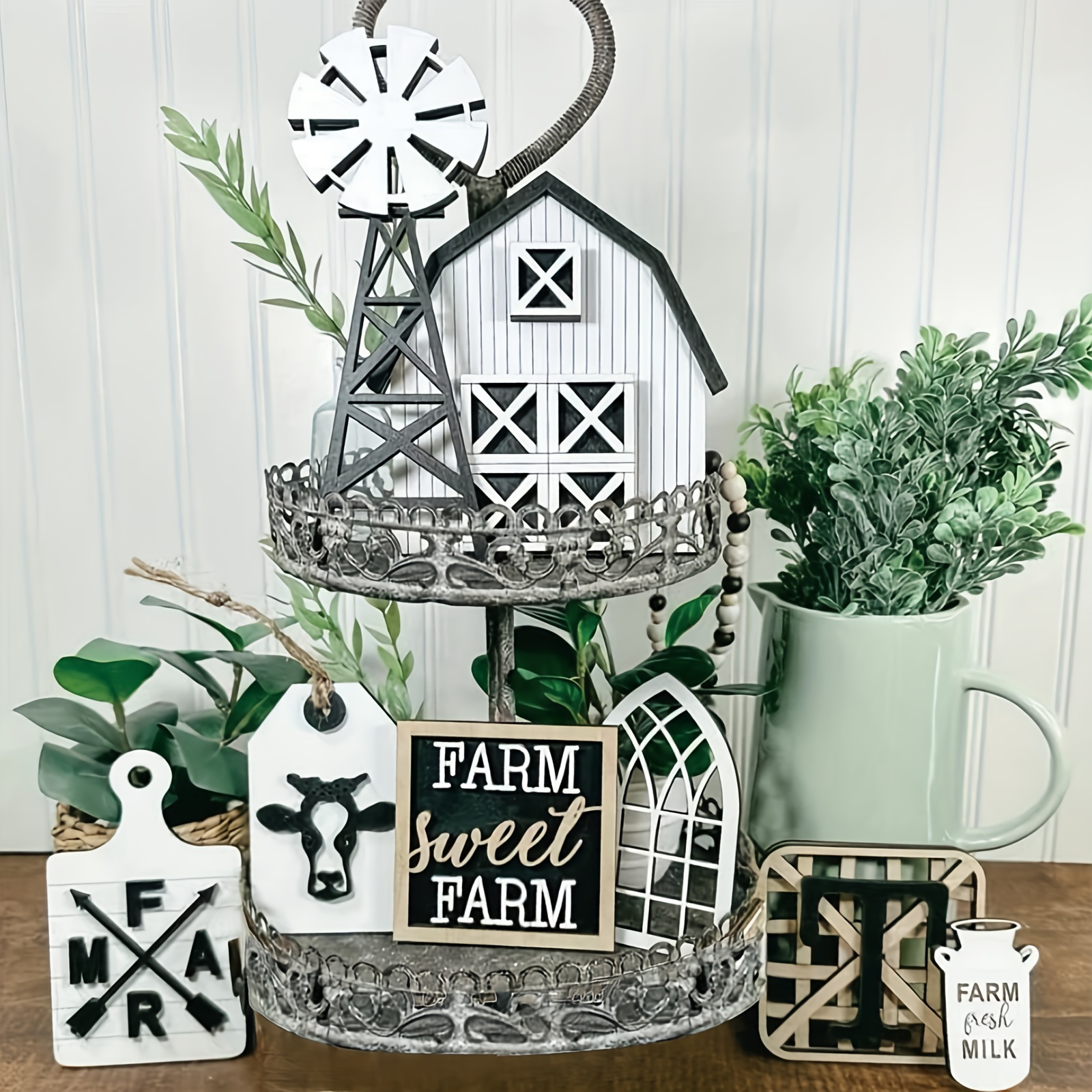 

8pcs Rustic Farmhouse Decor Set - Wooden Ornaments With Cow & Windmill , Barn, Milk Jug, And Designs - Kitchen, Living Room, Entryway - Ideal Housewarming Gift, Farmhouse House Decor