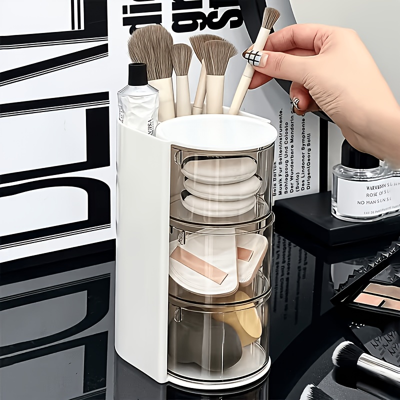 TEMU 1pc 2/3-tier 180-degree Rotating Transparent Desktop Storage Box, Dust-proof Plastic Container, Suitable For Makeup Sponges, Hair Accessories,