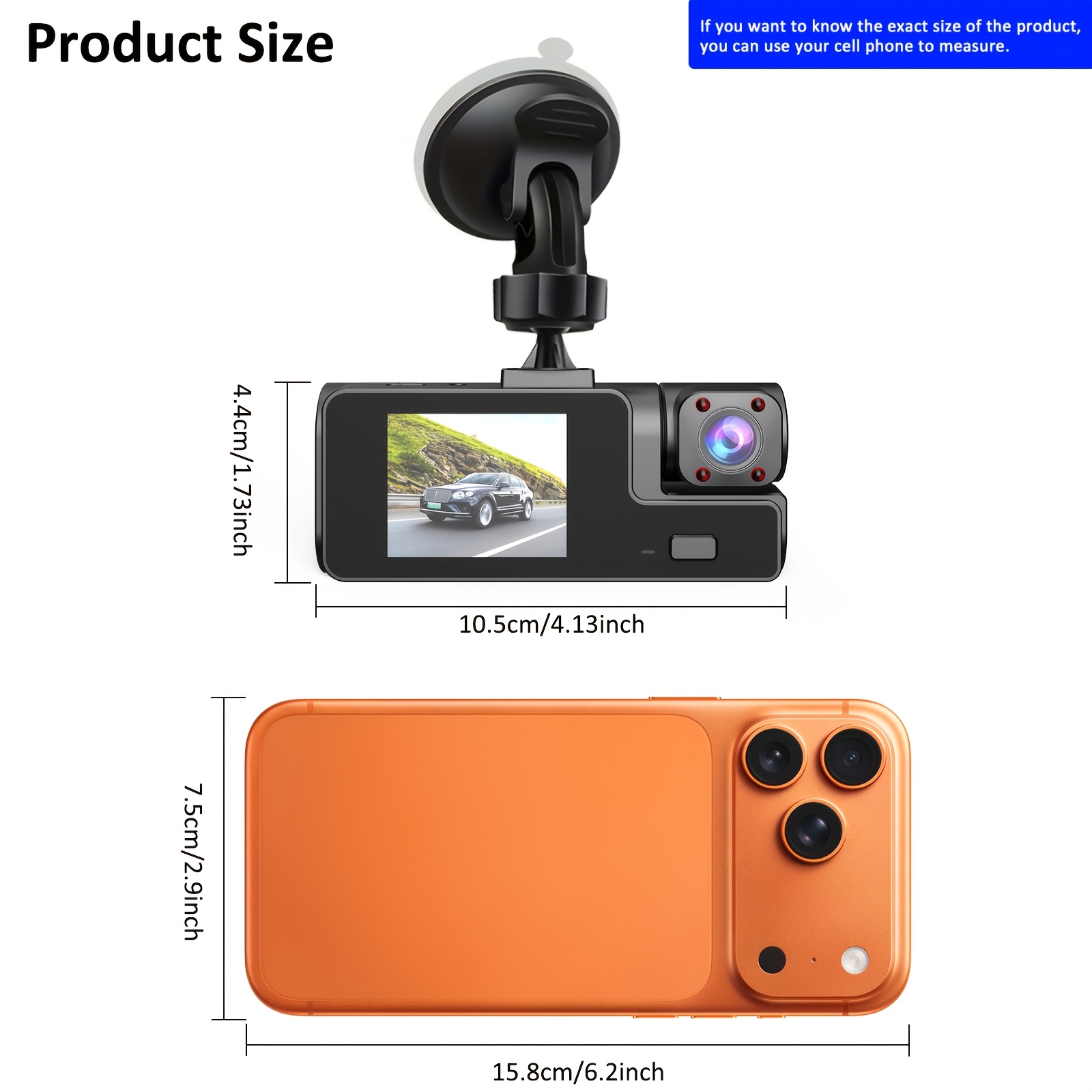 Dual Dash Cam with 1080P Front and 720P Interior, Night Vision