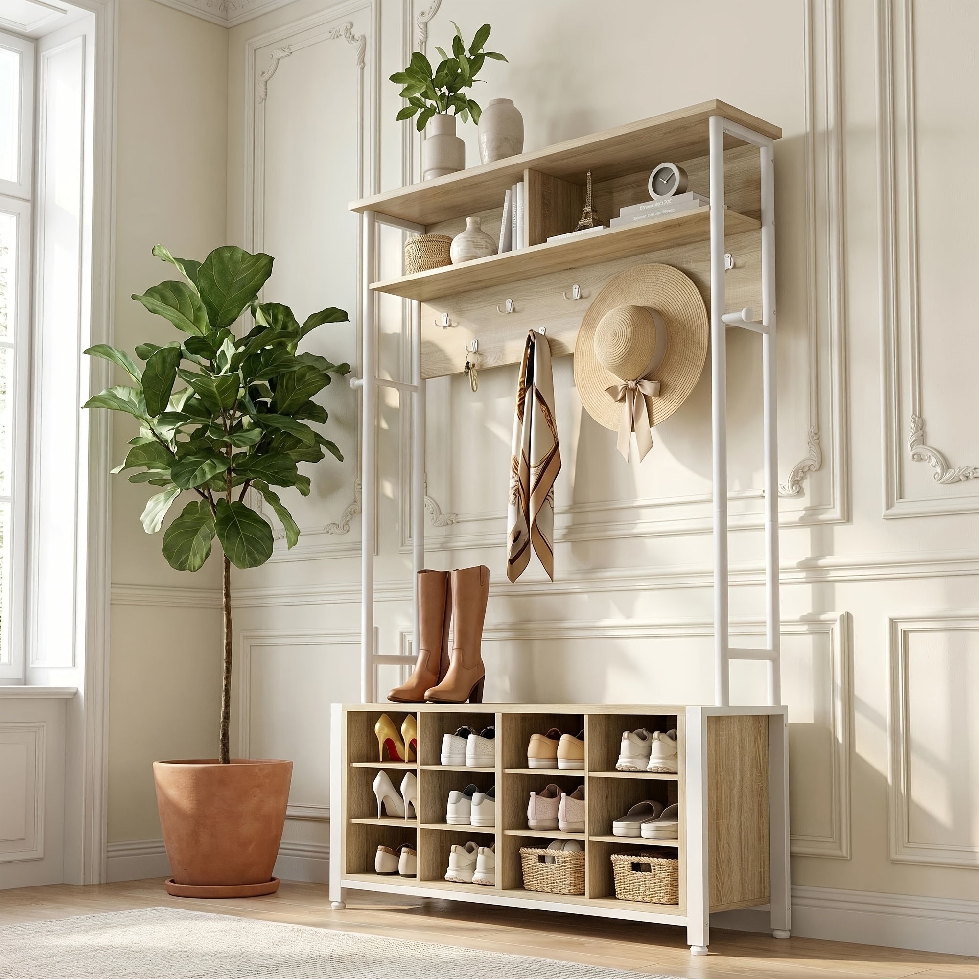 Entryway Shelf, Integrated Clothing And Hat Rack, Multi-hook Open Storage With Bench, Height Adjustable Shelves, Floor-standing Shoe Rack, Reinforced For Bearing, Built-in Anti-tipping And