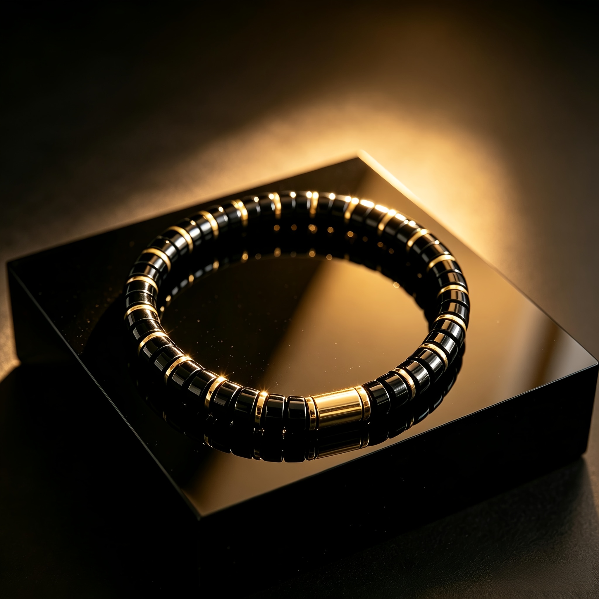 TEMU Men' & Women' Black Onyx Bead Bracelet With Golden Spacers - Elastic Stretch Beads, Minimalist Light Suitable For Business & Daily Wear, Onyx
