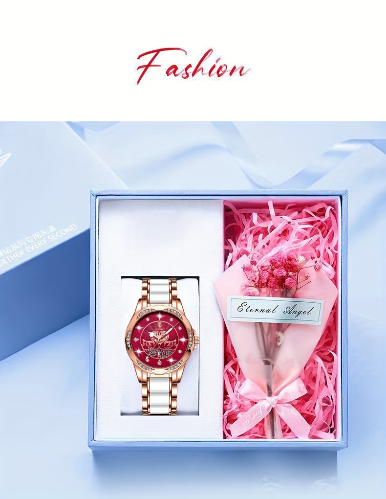 elegant womens quartz watch stainless   calendar feature fashionable design with pink and white accents casual wristwatch elegant   precise   alloy case watch details 3