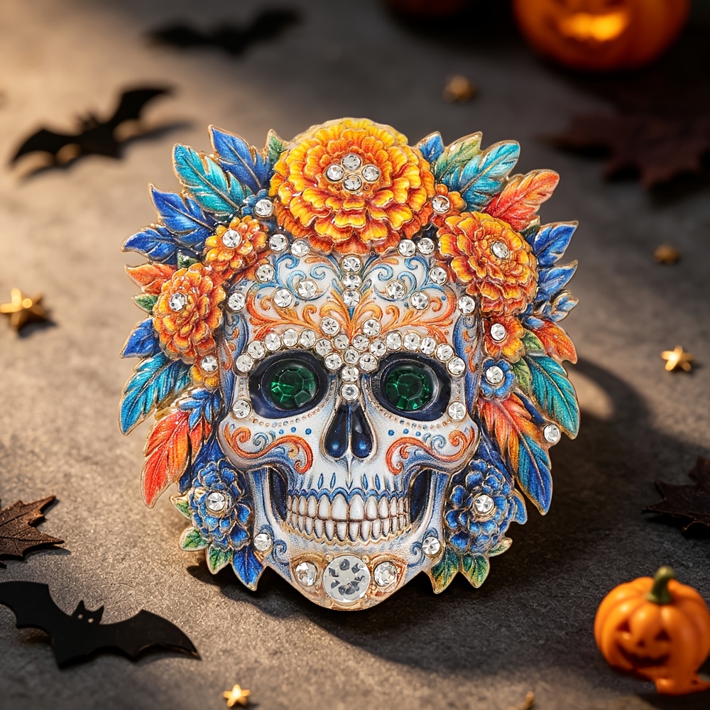 TEMU Vintage Colorful Floral Leaf Skull Enamel Brooch, Marigold-colored Painted Skull Pin, Suitable For Jackets, Suits, Coats, Halloween, Mexican ,