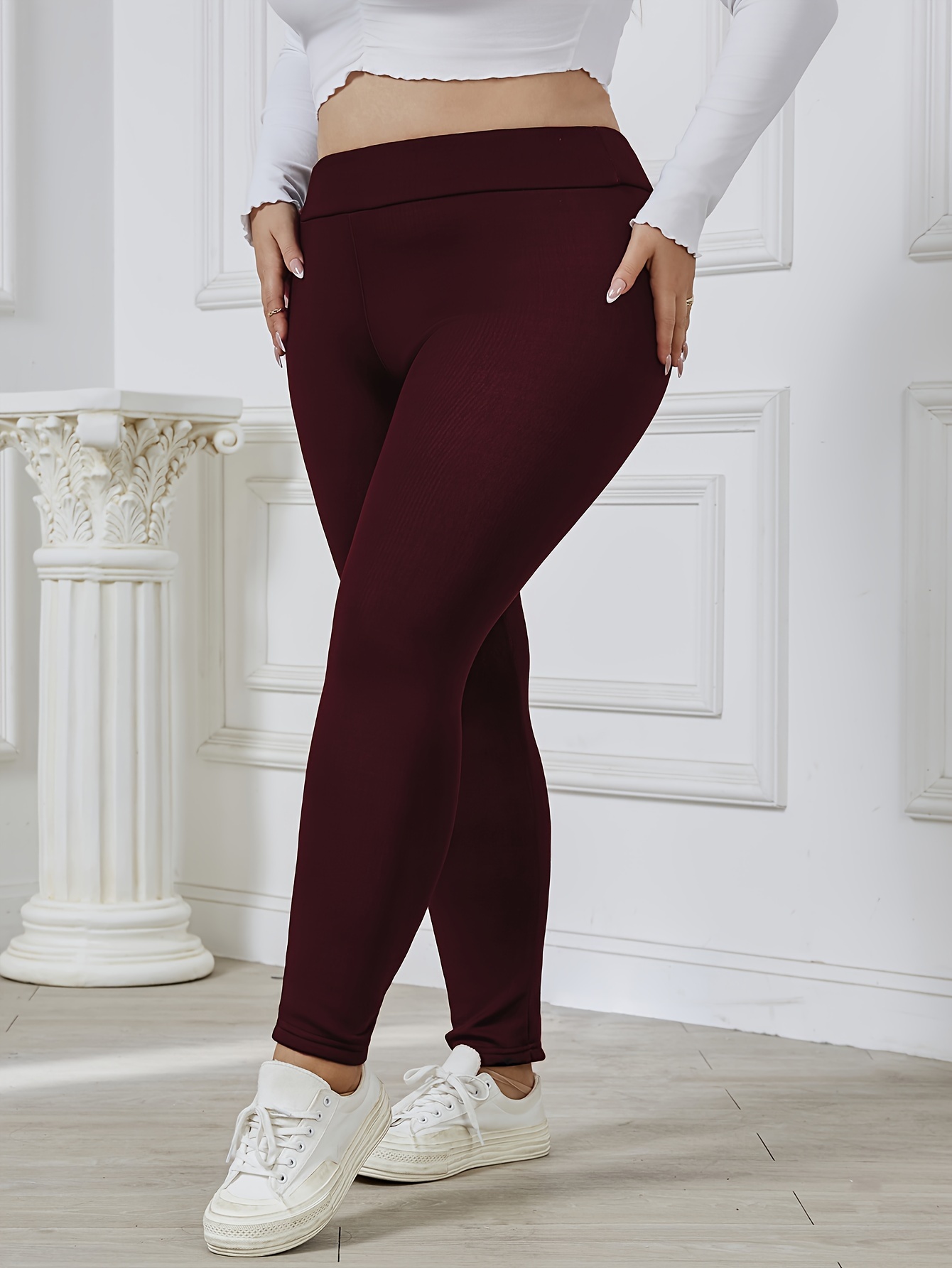 Plus Size Casual Leggings Women's Plus Solid Fleece Liner - Temu Canada