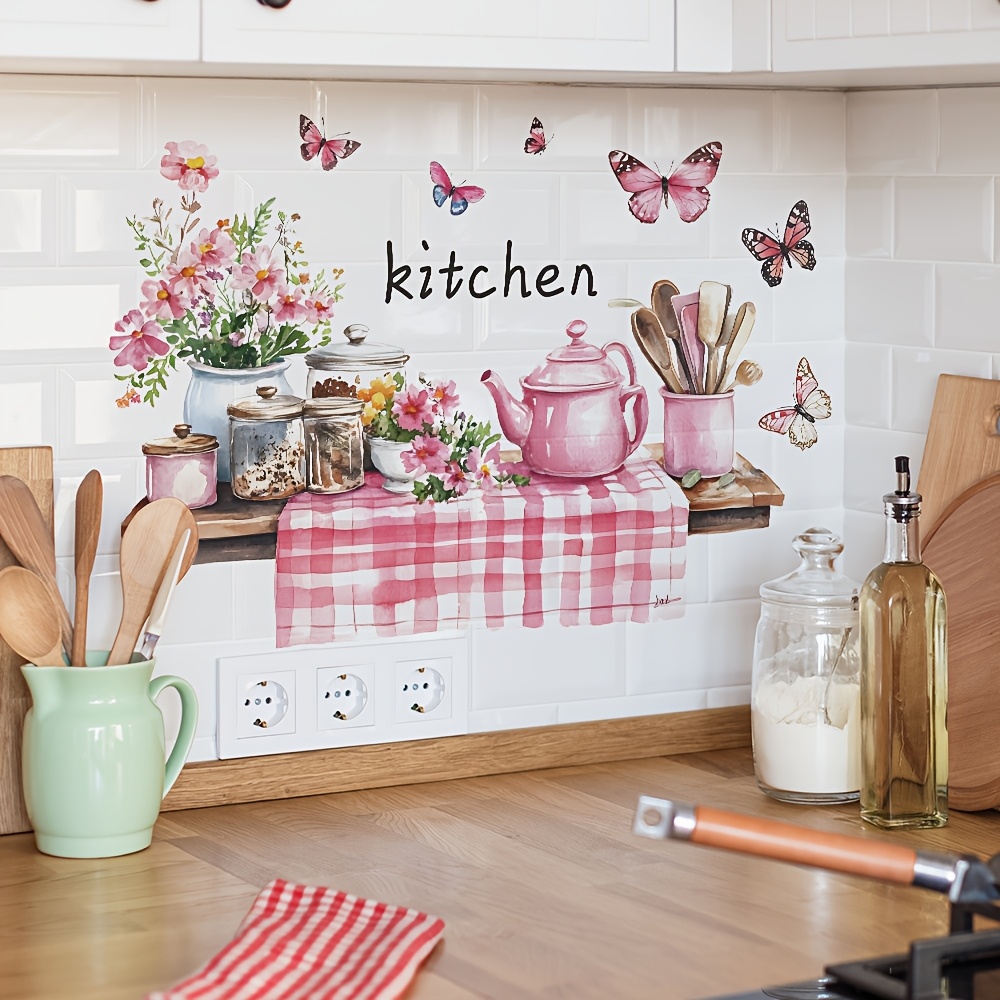 

Chic Pink Teapot & Wall Decal - Removable Waterproof Pvc Sticker For Kitchen, Living Room Decor, 15.7x23.6 Inches, Tablecloth, Bottle & Jar