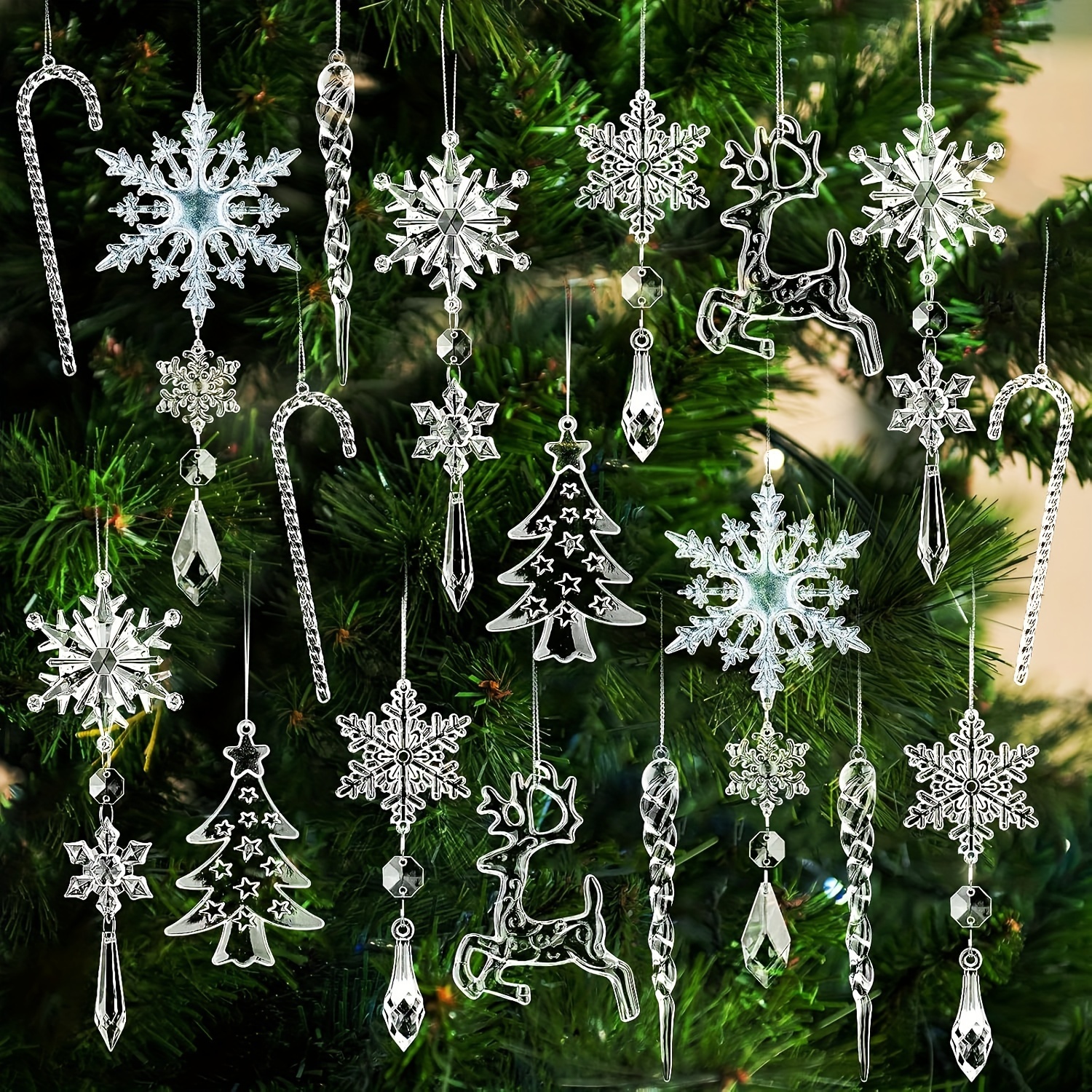 TEMU 18-piece Acrylic Crystal Christmas Ornaments Set, & Icicle Hanging Decorations, & Window Accents, No Power Needed, For Christmas & New Year Party Decor