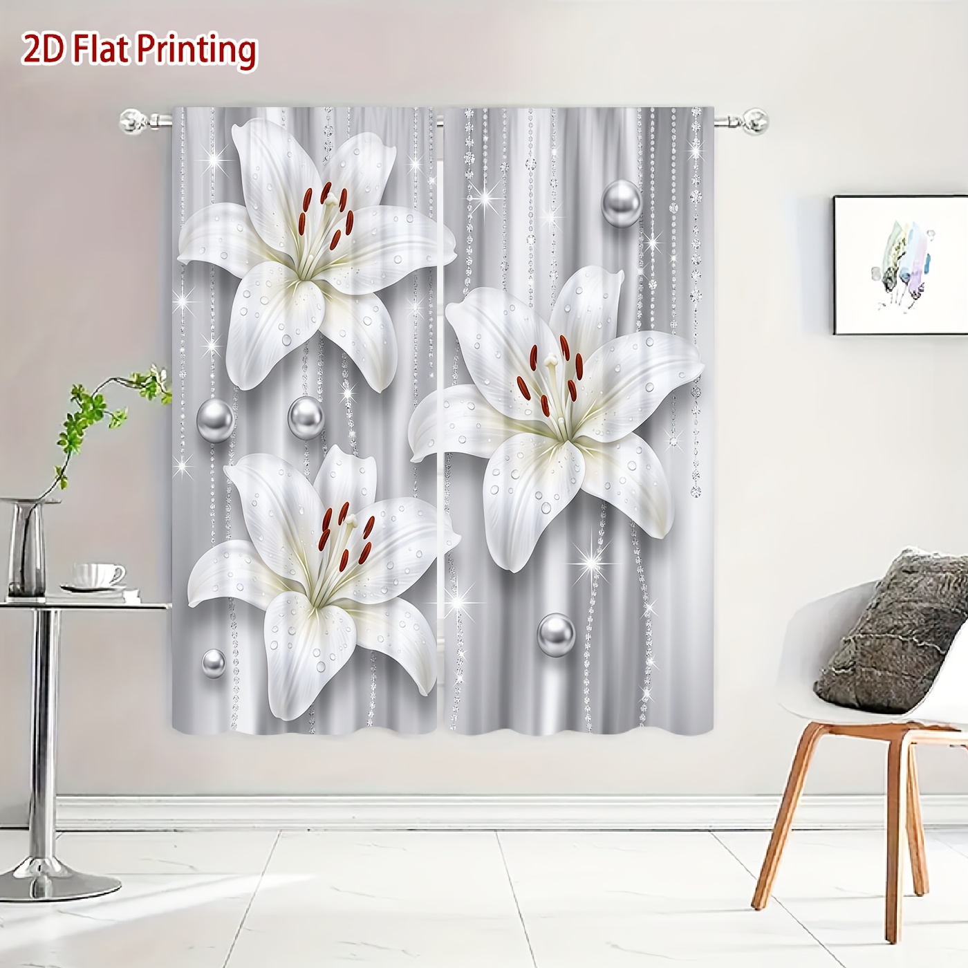 TEMU 2d Flat, 2pcs 2d Flat Printing 3 White Lilies With Shimmering Silvery Beads Printed Curtains, Soft Light, Privacy Protection, Rod Pocket